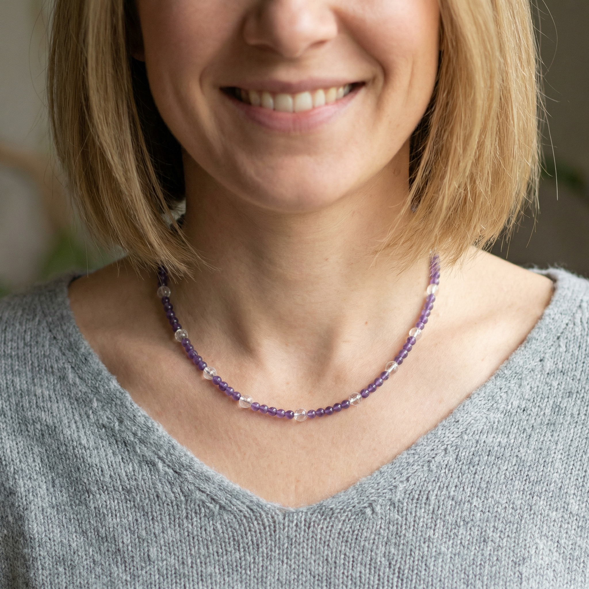 Amethyst Halskette 4mm mit Bergkristall