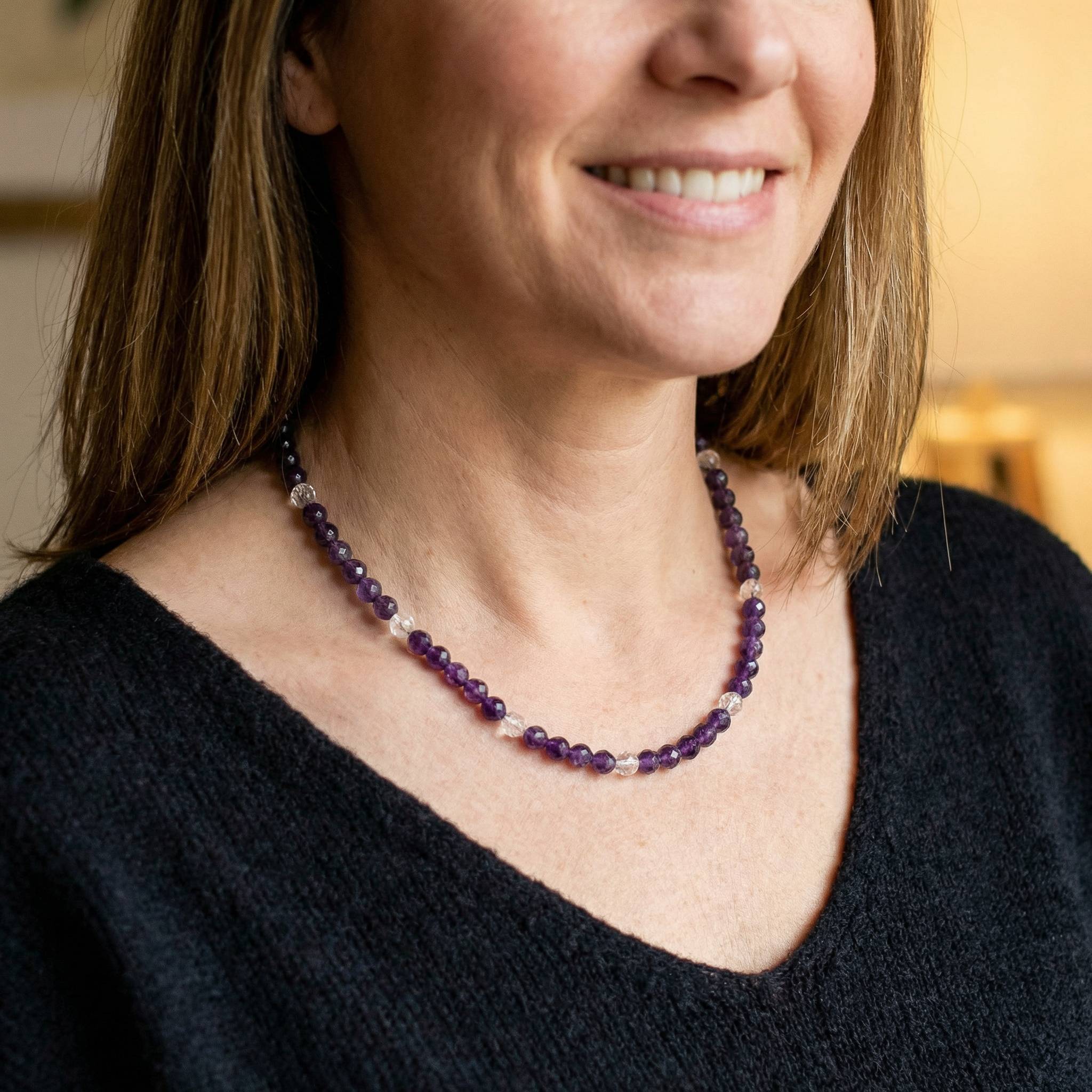 Facettierte Amethyst Halskette 6mm mit Bergkristall