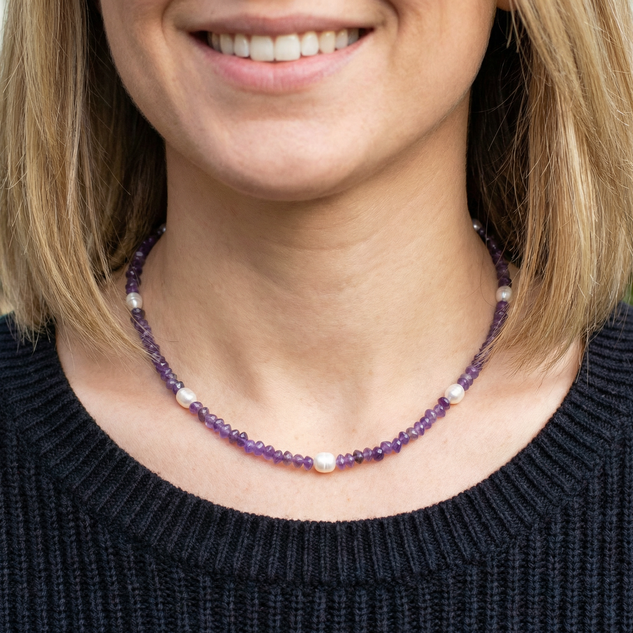 Amethyst Linsen Halskette mit Süßwasserperlen 4mm
