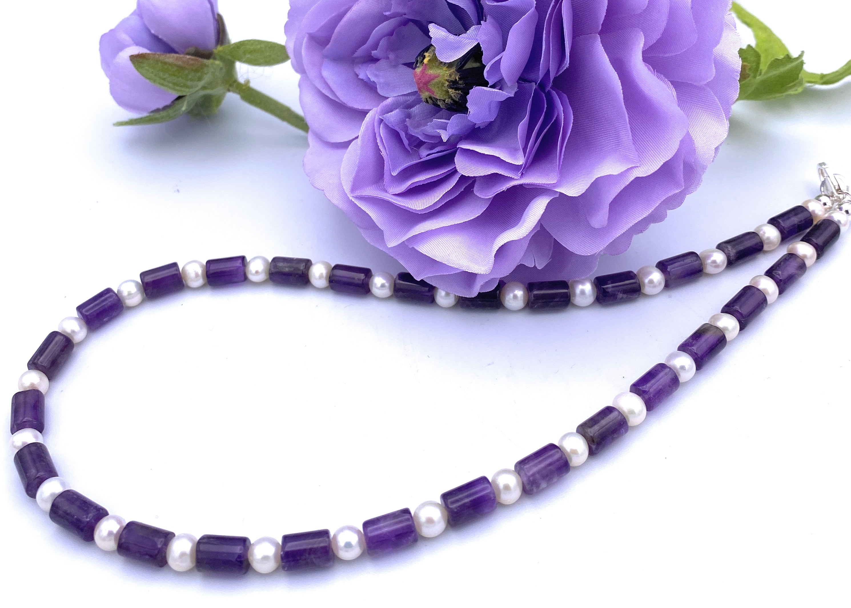 Amethyst Walzenkette 6mm mit Bergkristall