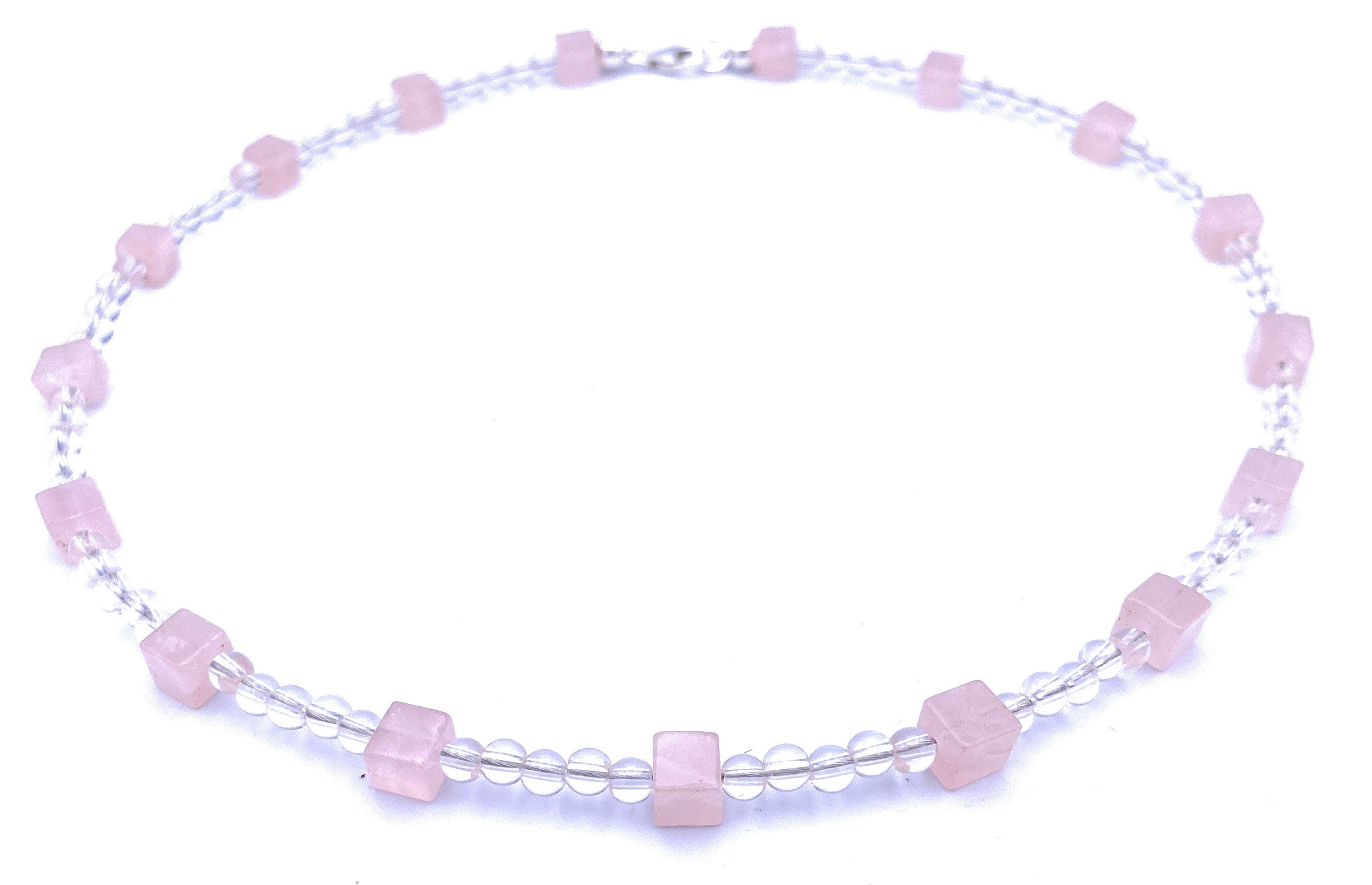 Bergkristall Halskette mit Rosenquarz Würfel