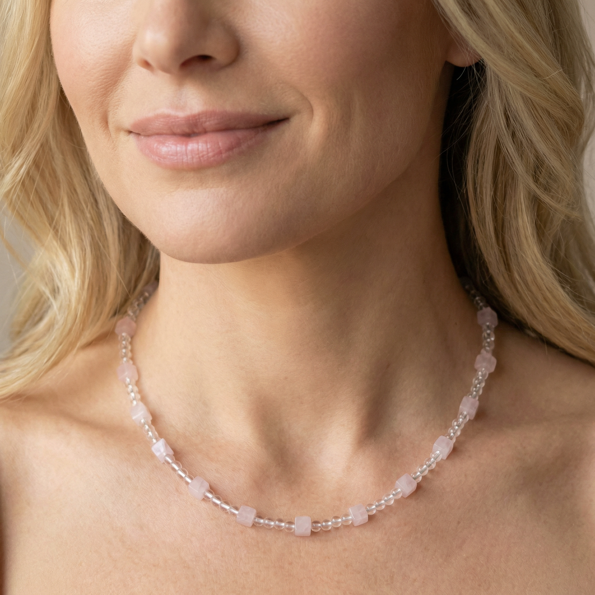 Bergkristall Halskette mit Rosenquarz Würfel