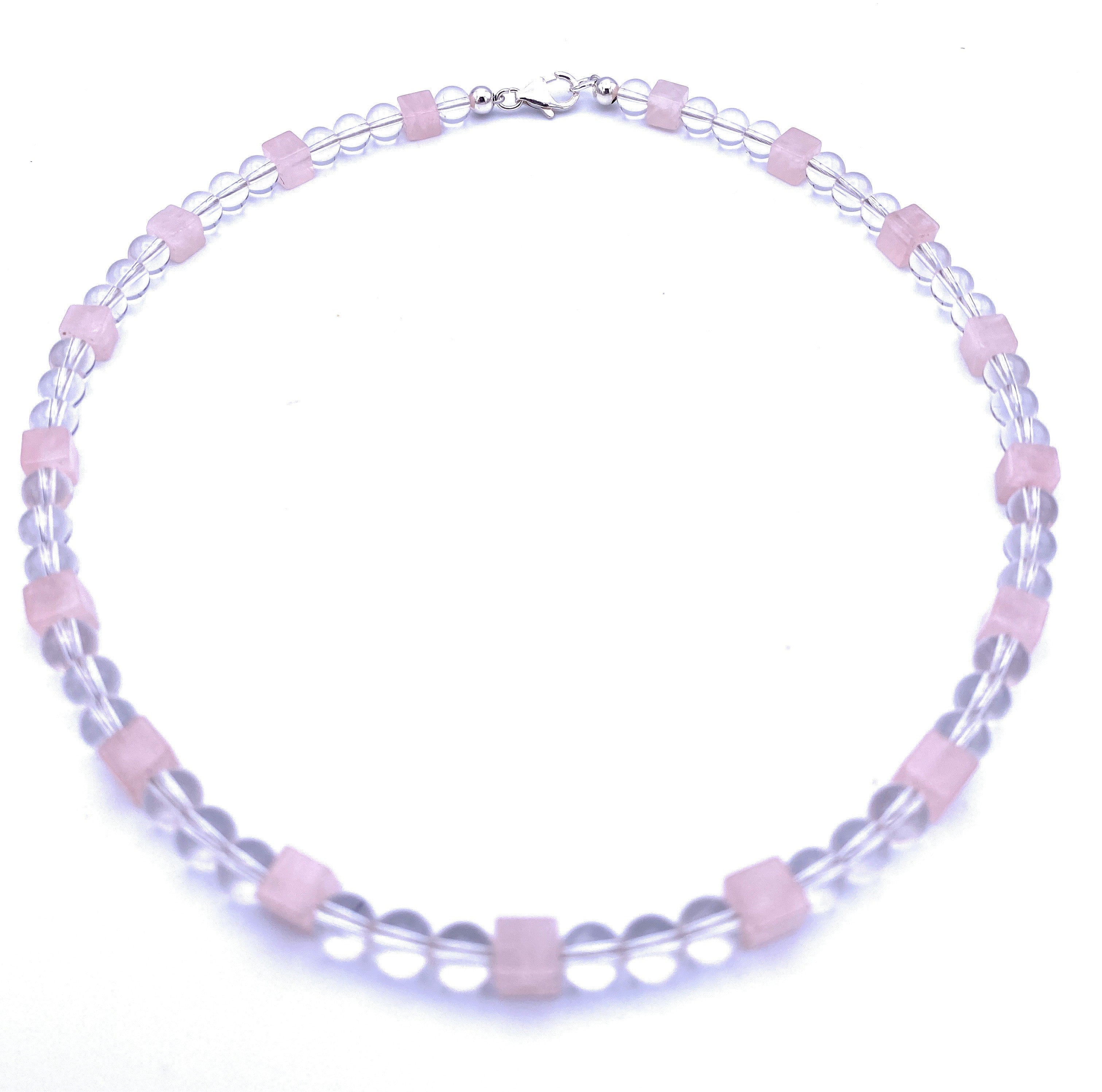 Bergkristall Halskette mit Rosenquarz Würfel 6mm