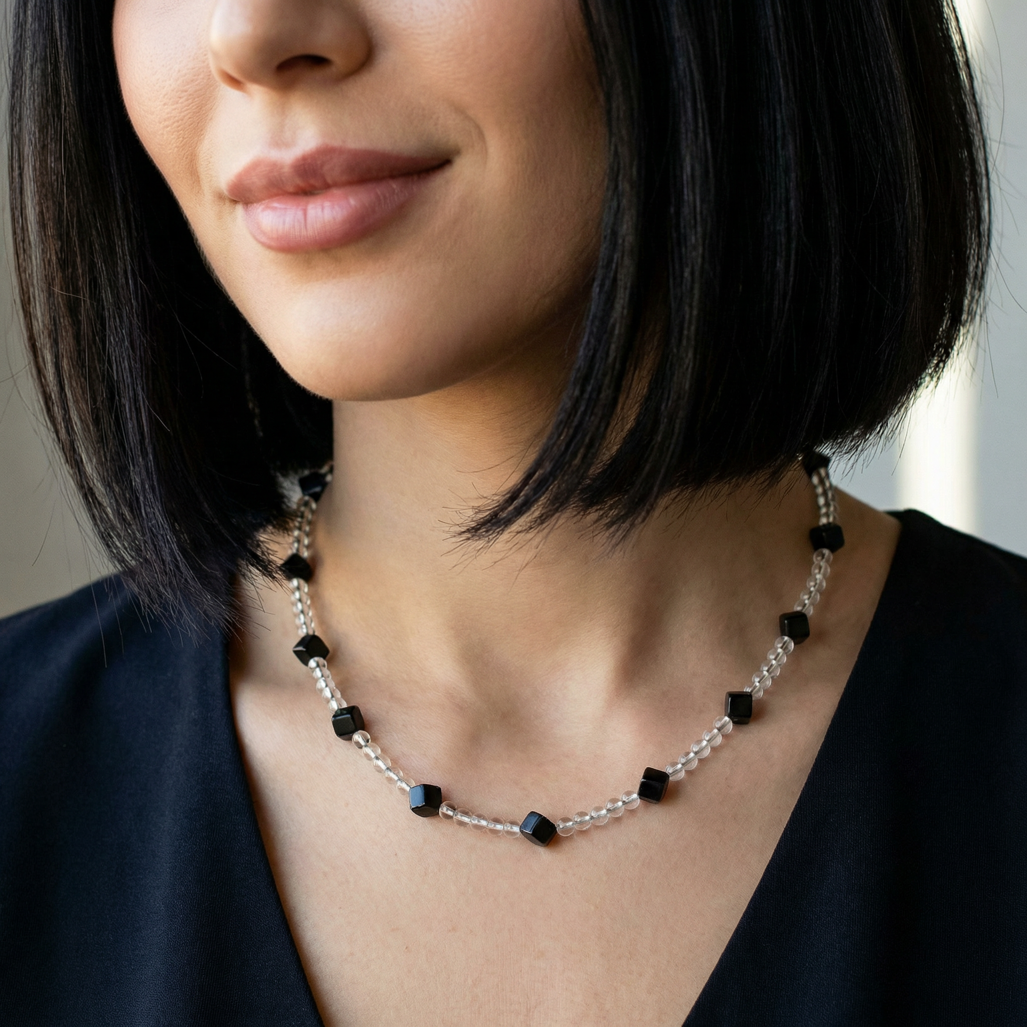 Bergkristall Halskette mit Onyx