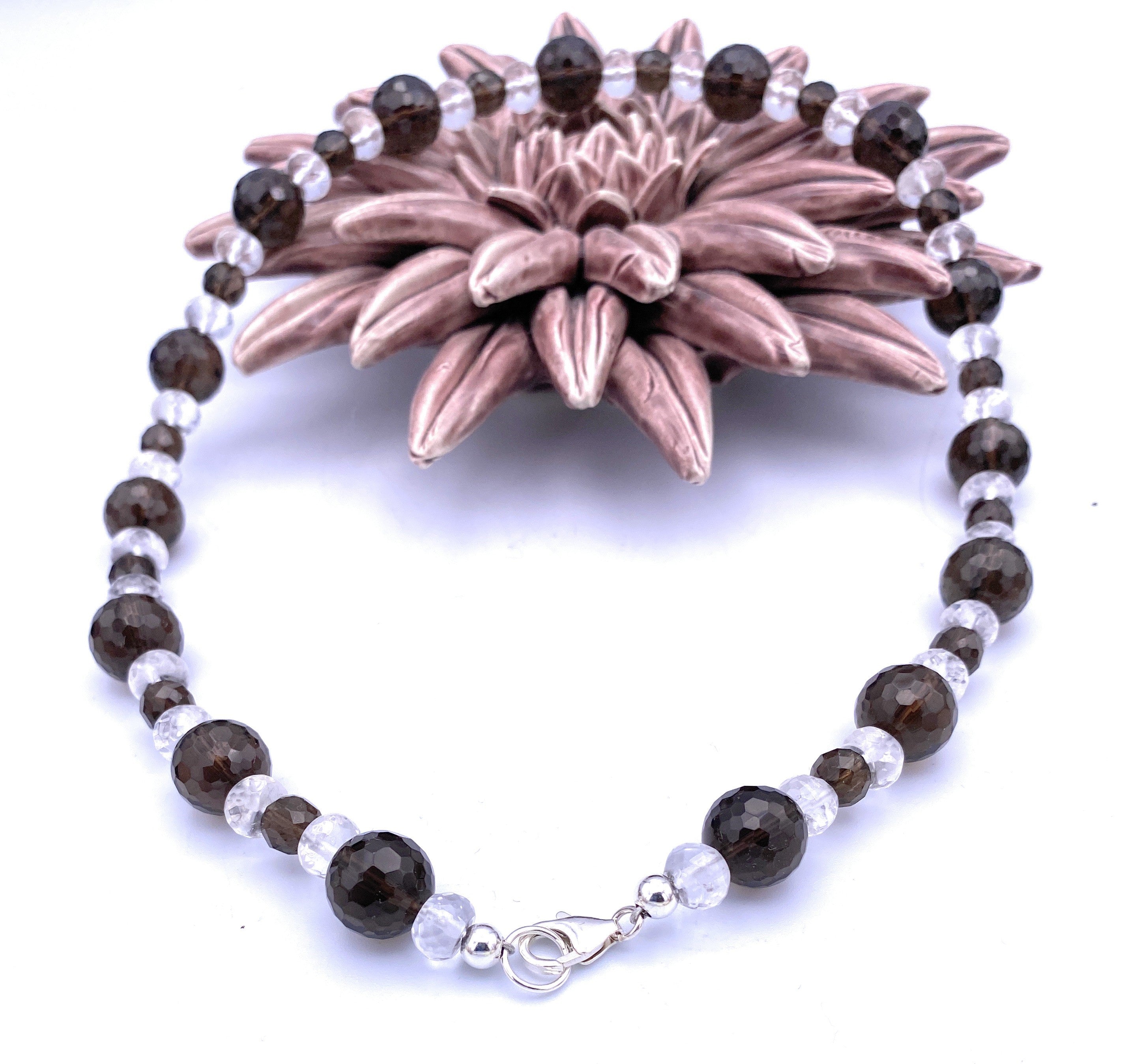 Facettierte Rauchquarz Halskette mit Bergkristall