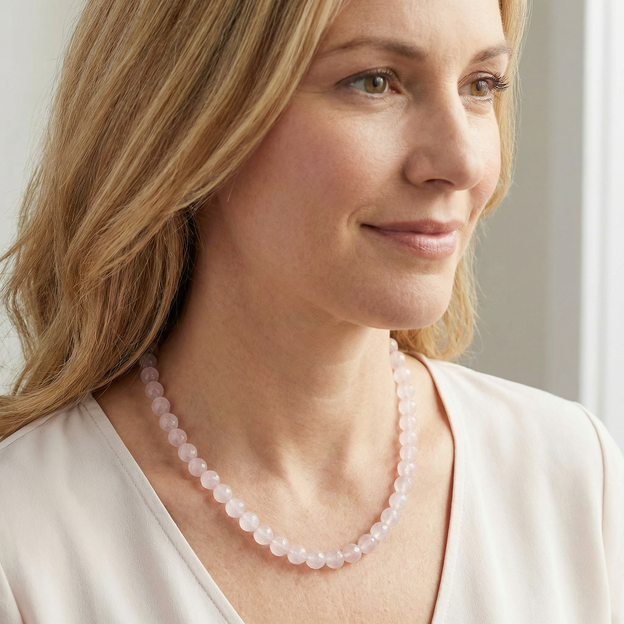 Facettierte Rosenquarz Halskette 10 mm