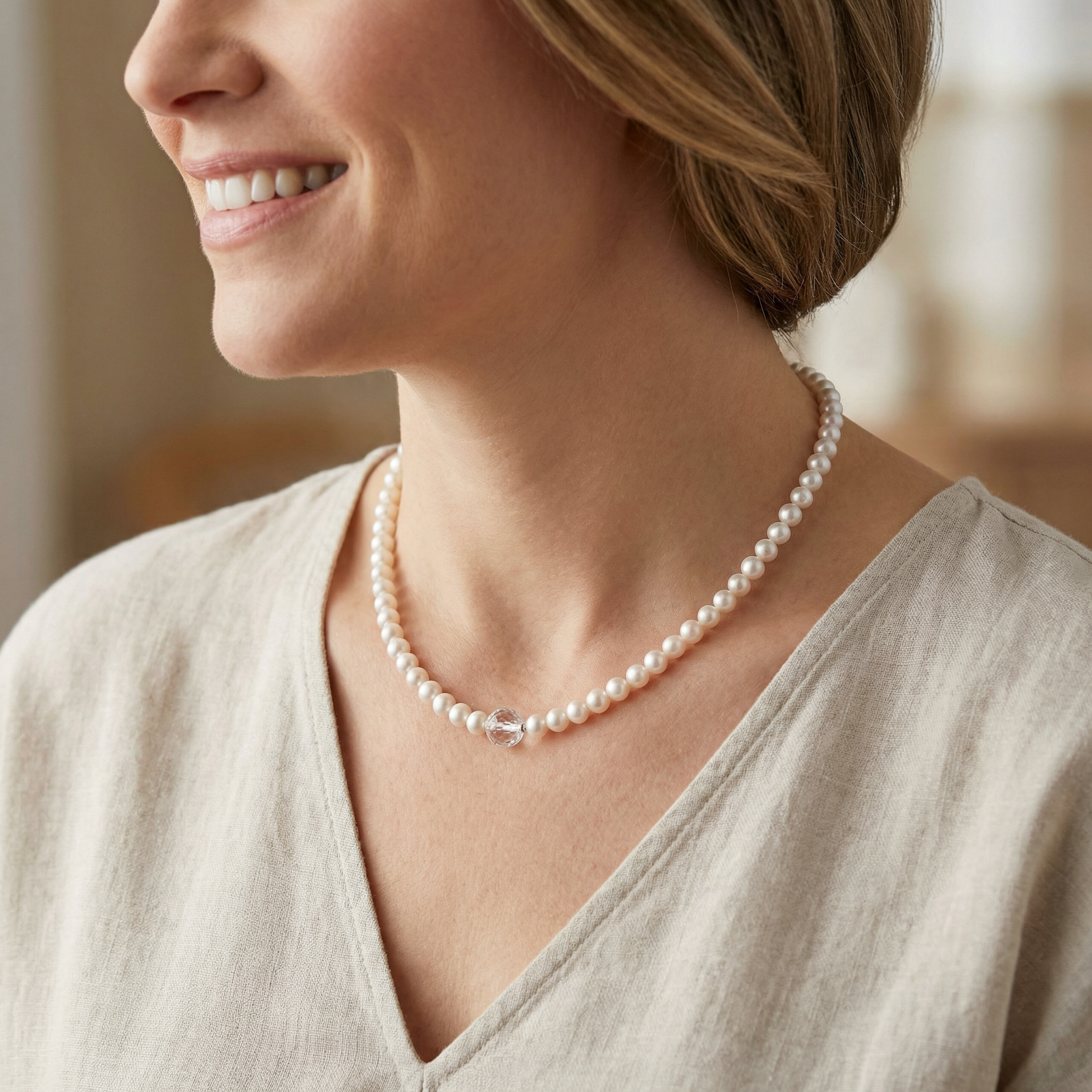 Süßwasserperlen Halskette mit facettierter Bergkristall Kugel
