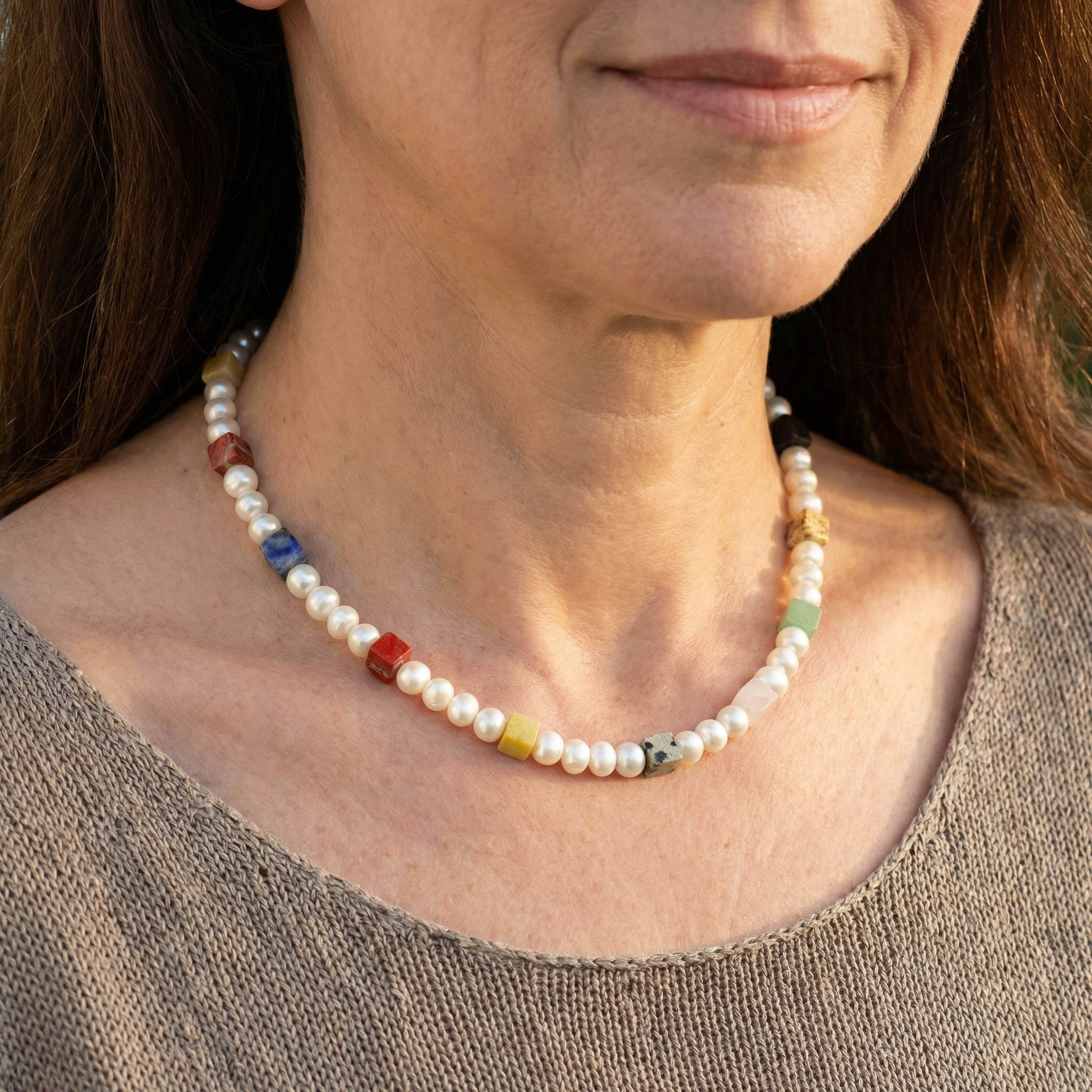 Süßwasserperlen Halskette 4mm mit Edelstein Würfel