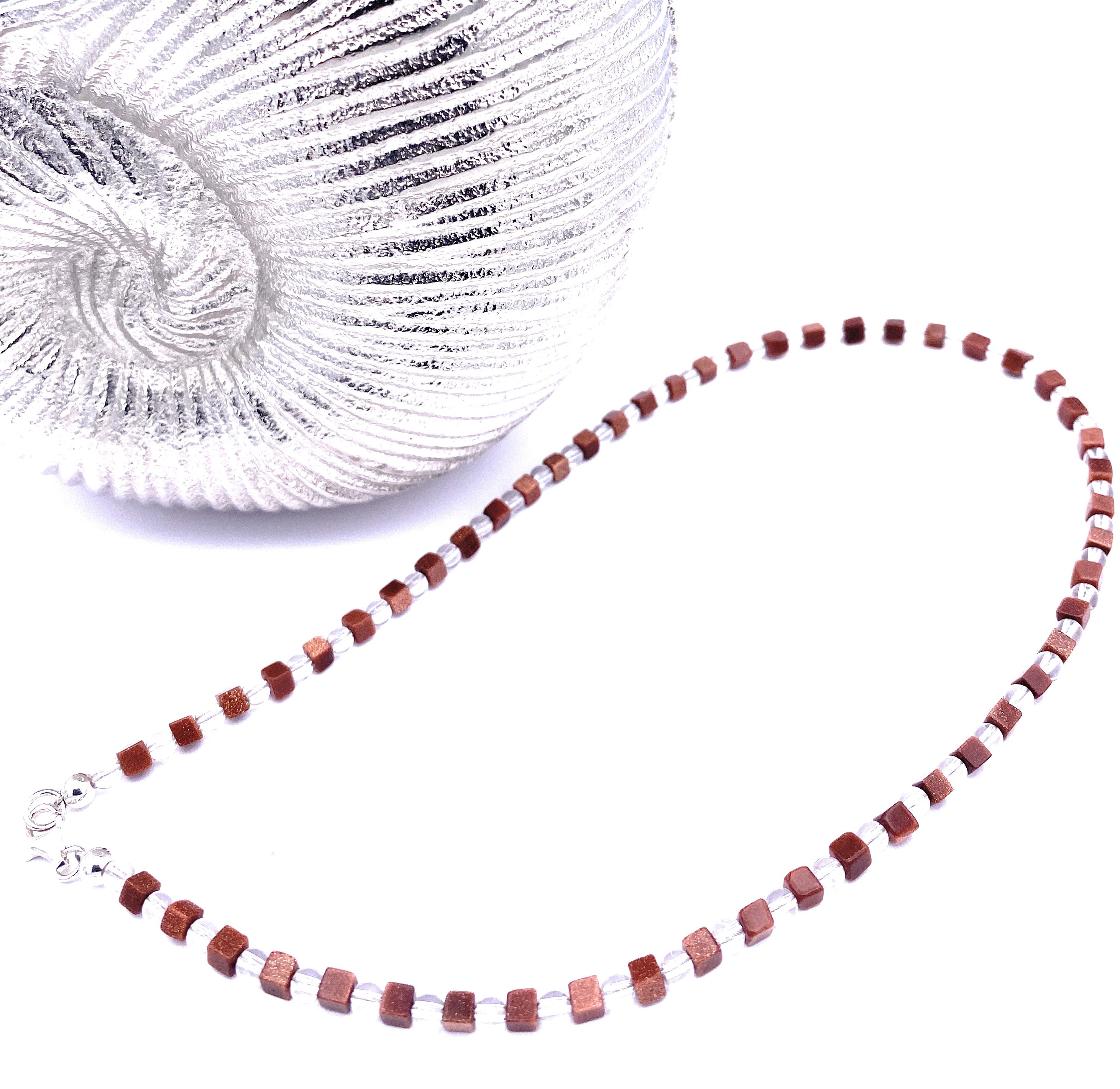 Goldfluss Würfelkette mit Bergkristall 4mm