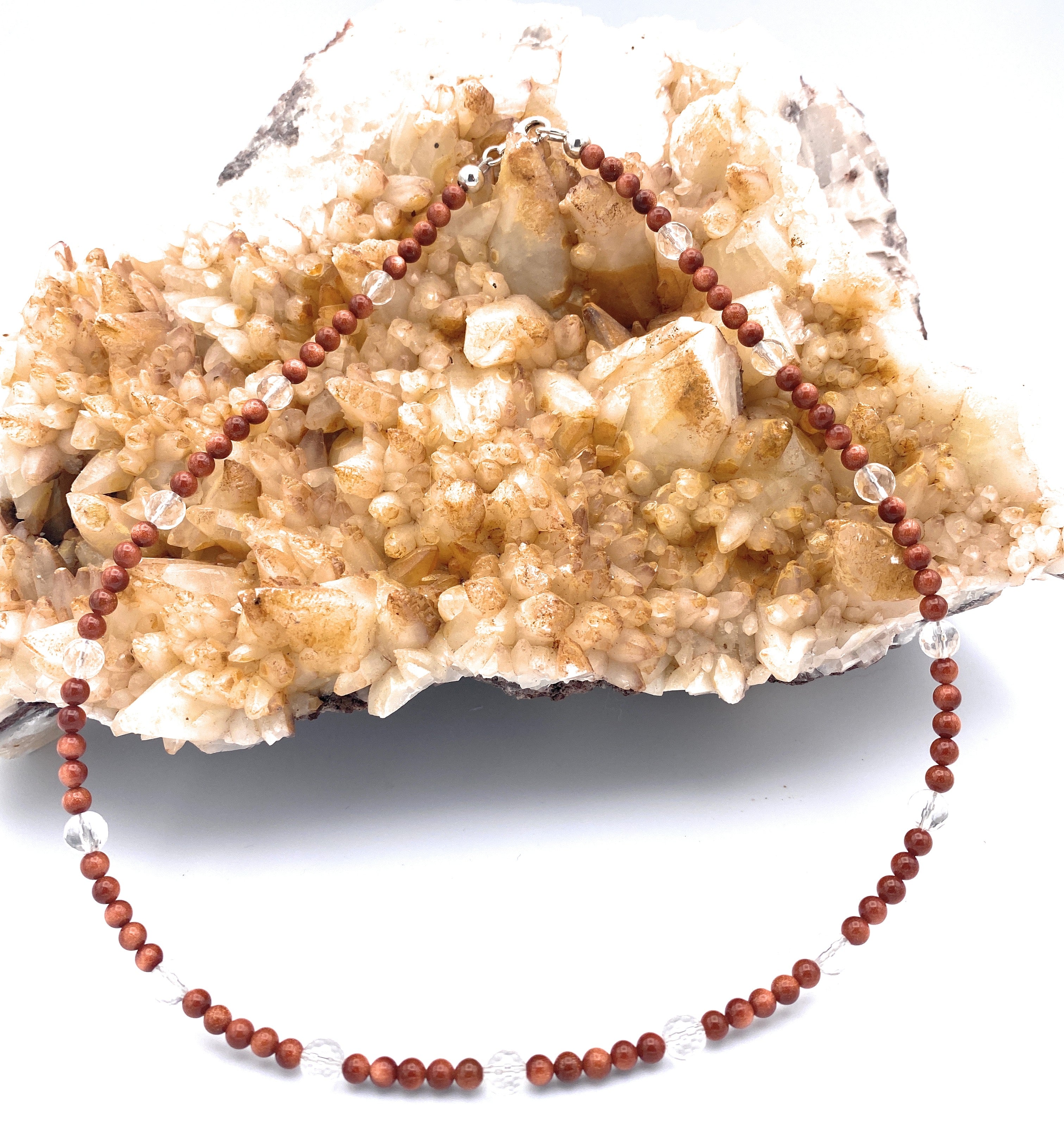 Goldfluss Kugel Halskette 4mm mit Bergkristall