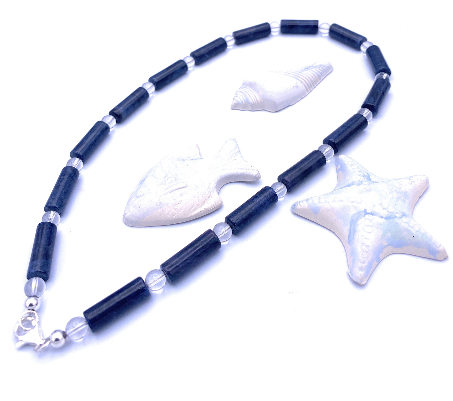 Dumortierit Walzenkette mit Bergkristall 7mm