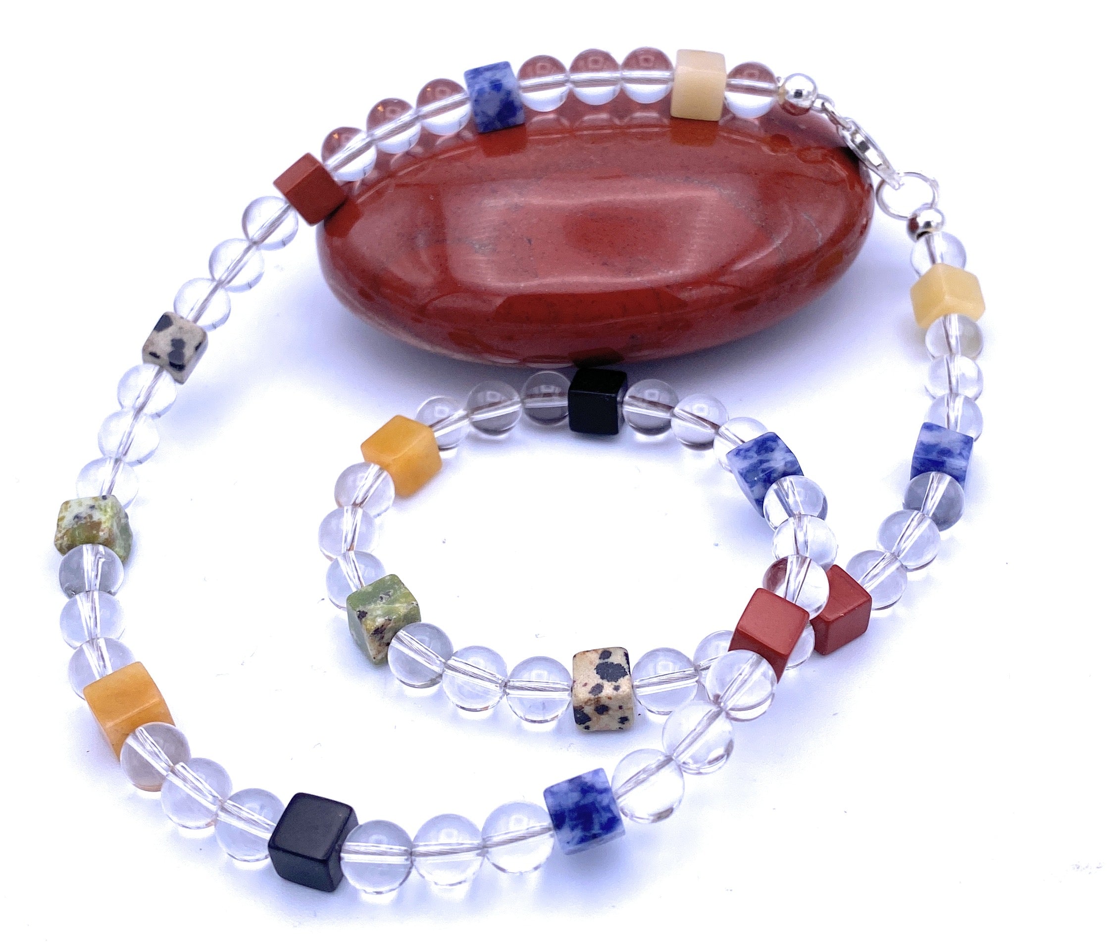 Bergkristall Halskette mit bunten Edelstein Würfeln