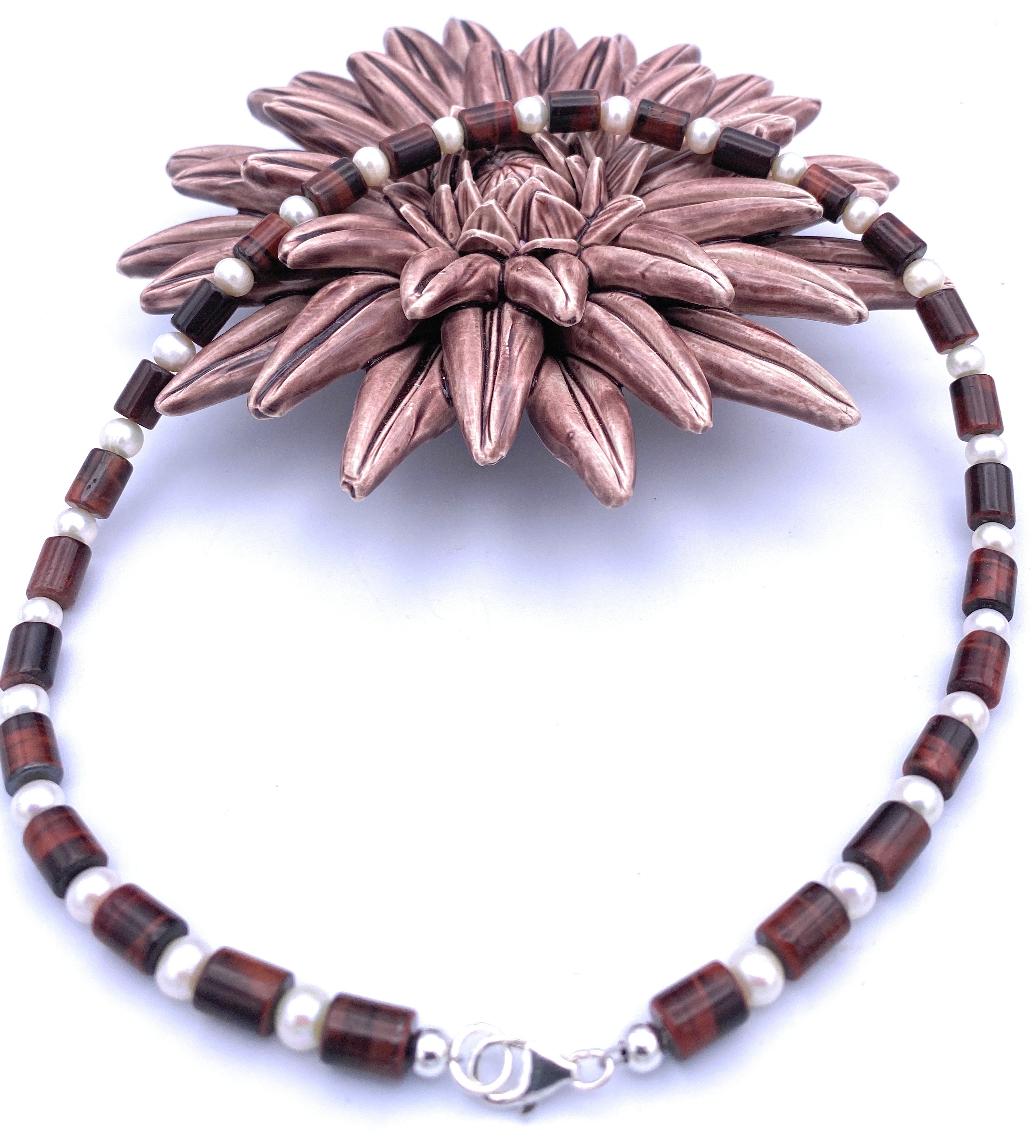 Tigerauge rot Halskette mit Süßwasserperlen