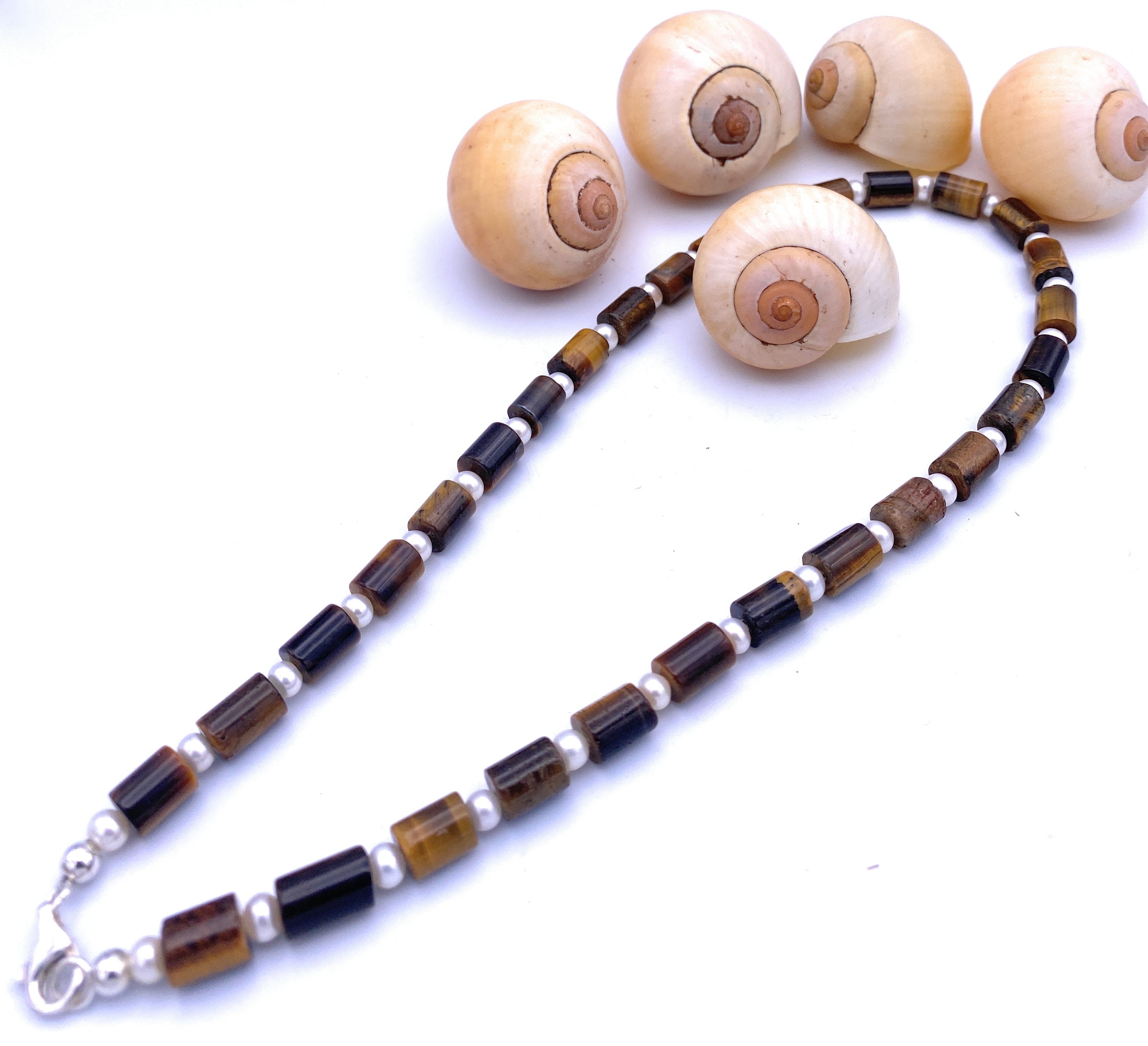 Tigerauge Halskette mit Süßwasserperlen