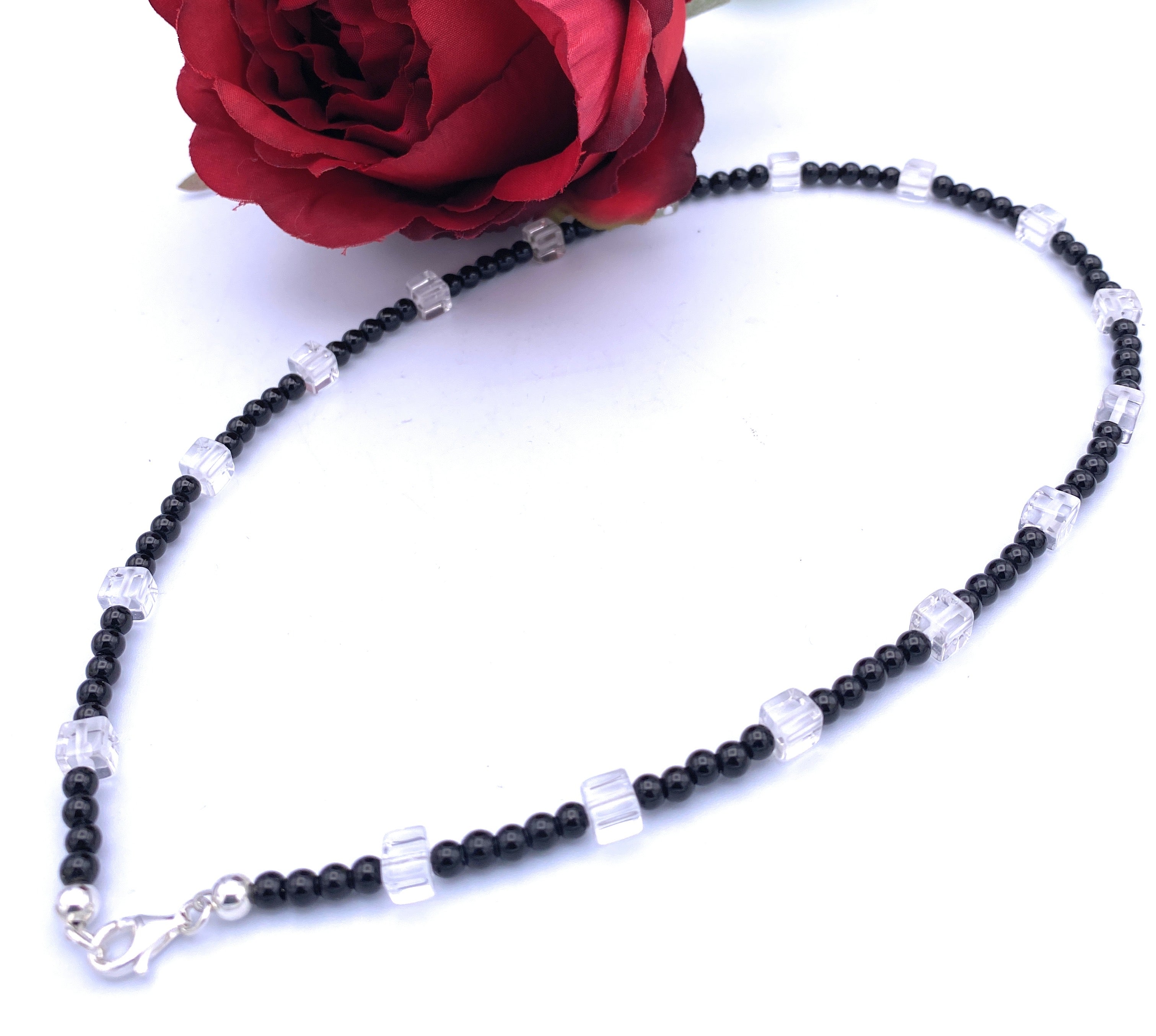 Onyx Halskette mit Bergkristall Würfel