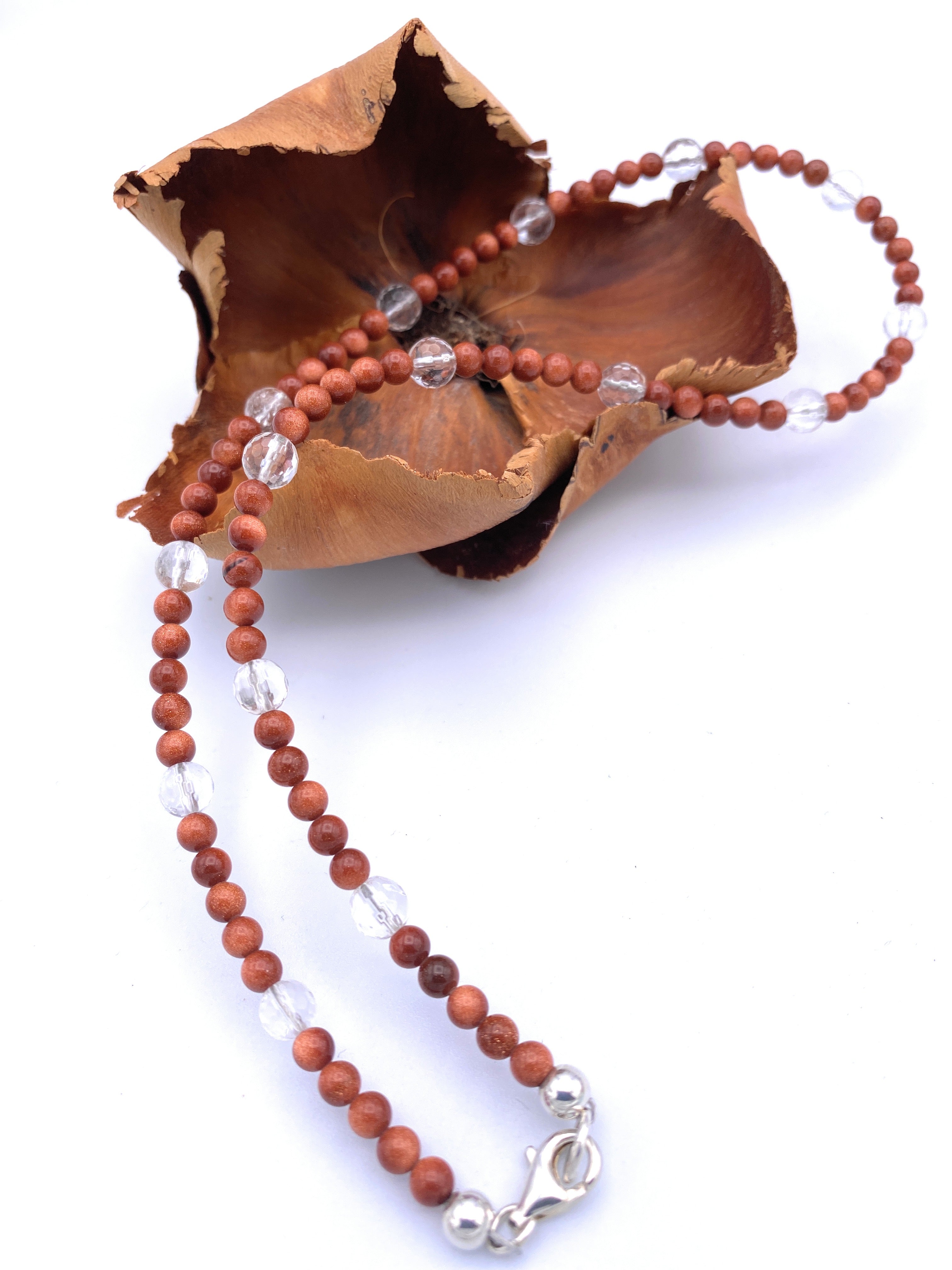 Goldfluss Kugel Halskette 4mm mit Bergkristall