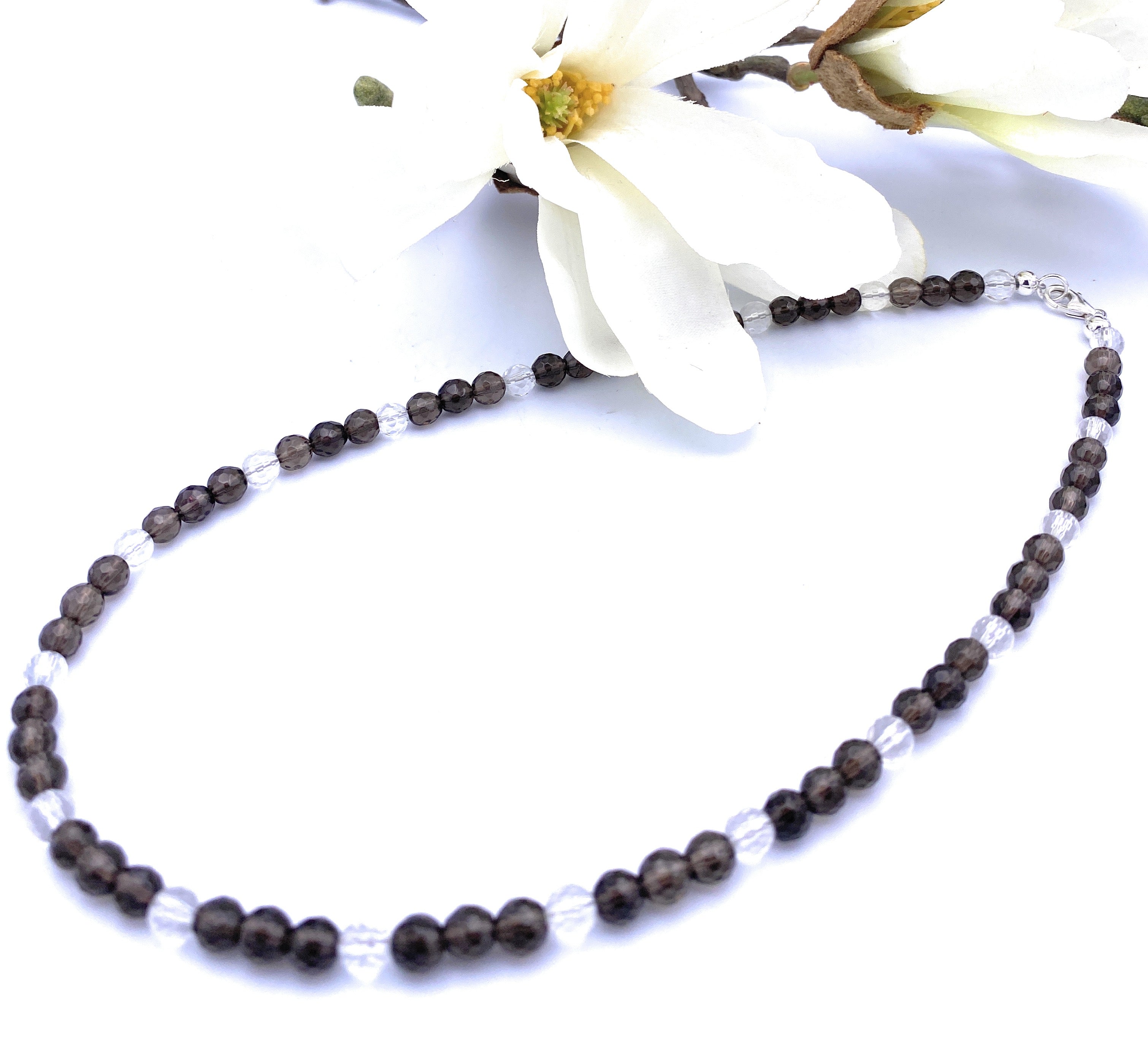 Facettierte Rauchquarz Kette mit Bergkristall 6mm