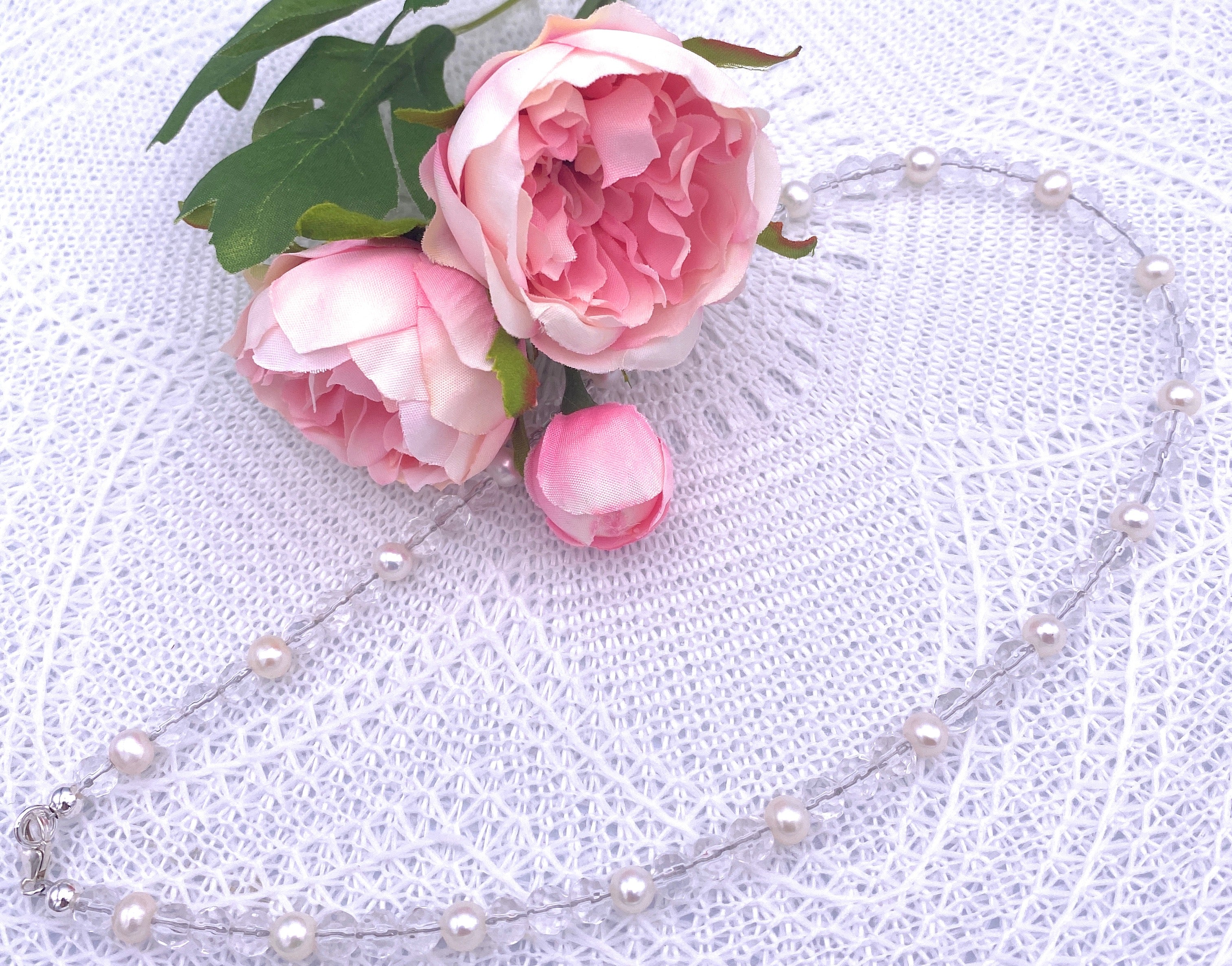 Facettierte Bergkristall Halskette 6mm mit Süßwasserperlen