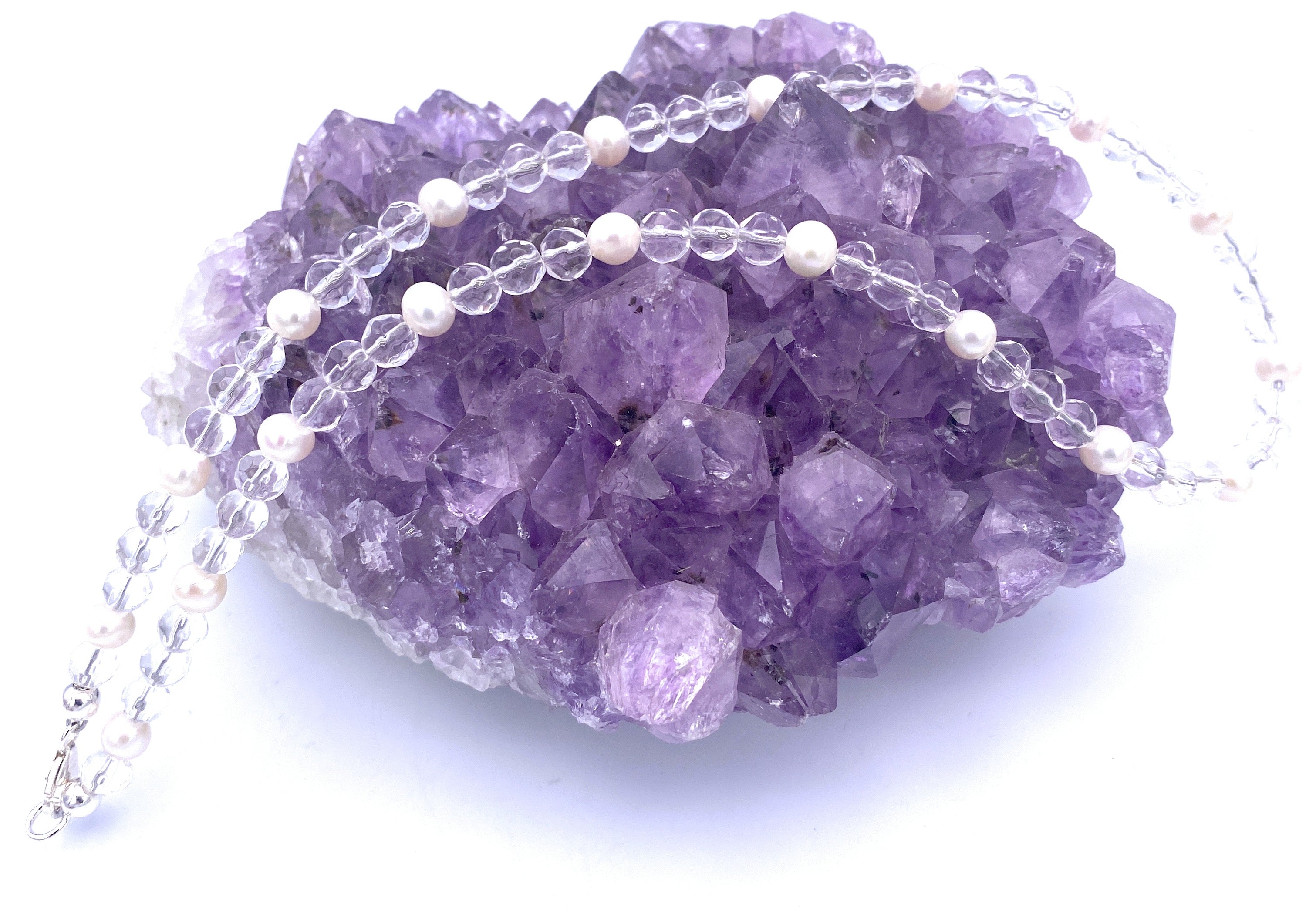 Facettierte Bergkristall Halskette 6mm mit Süßwasserperlen