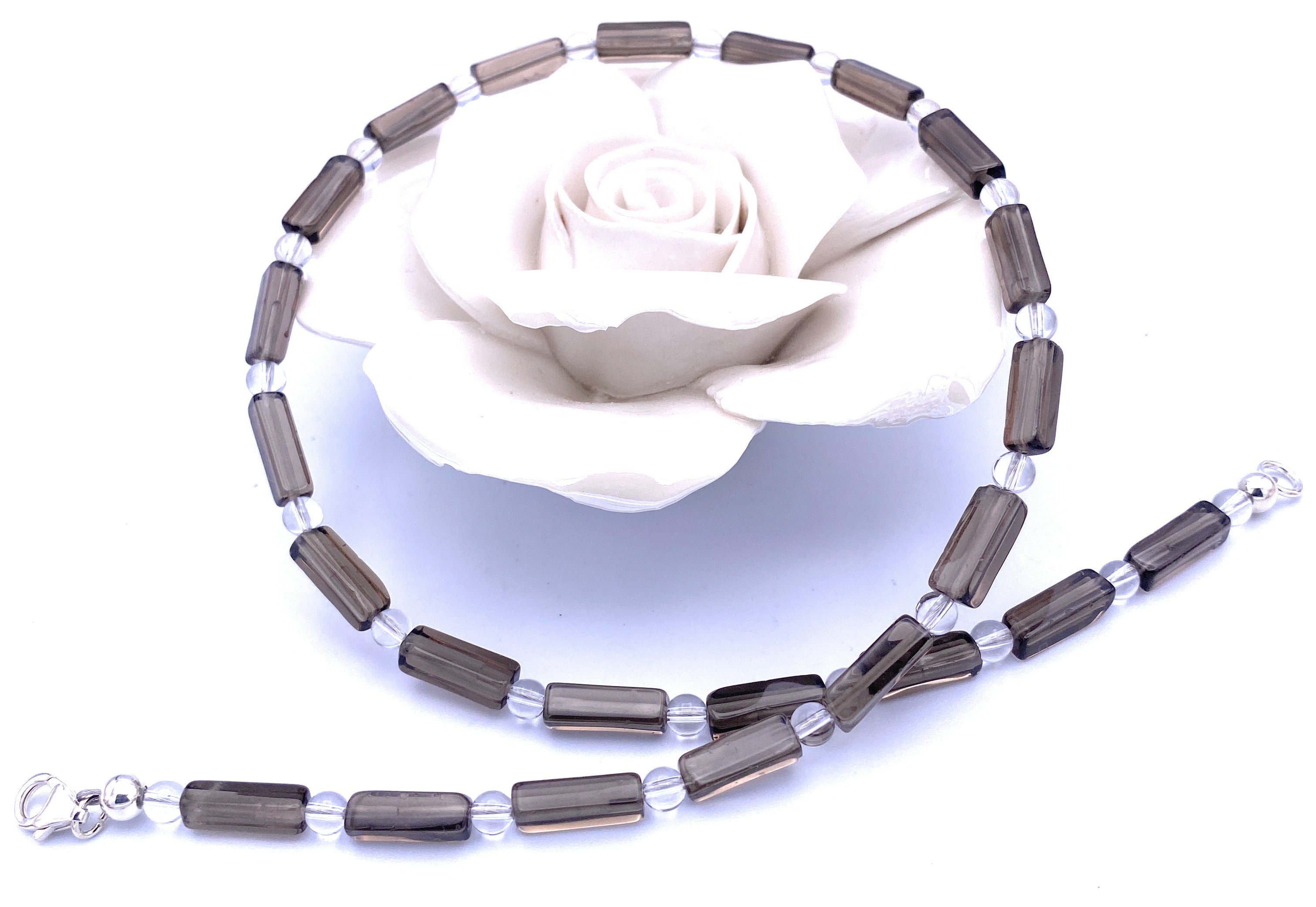 Rauchquarz Walzenkette mit Bergkristall-Kugeln