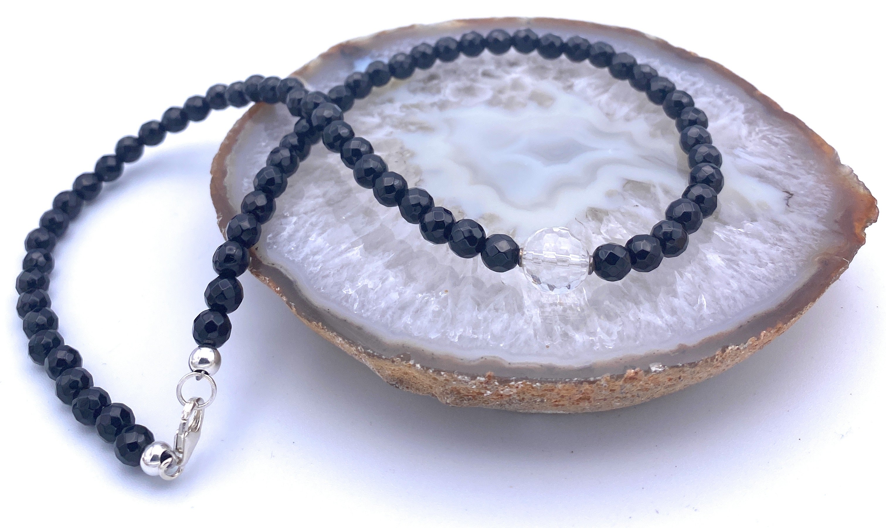 Onyx Halskette mit Bergkristall Kugel