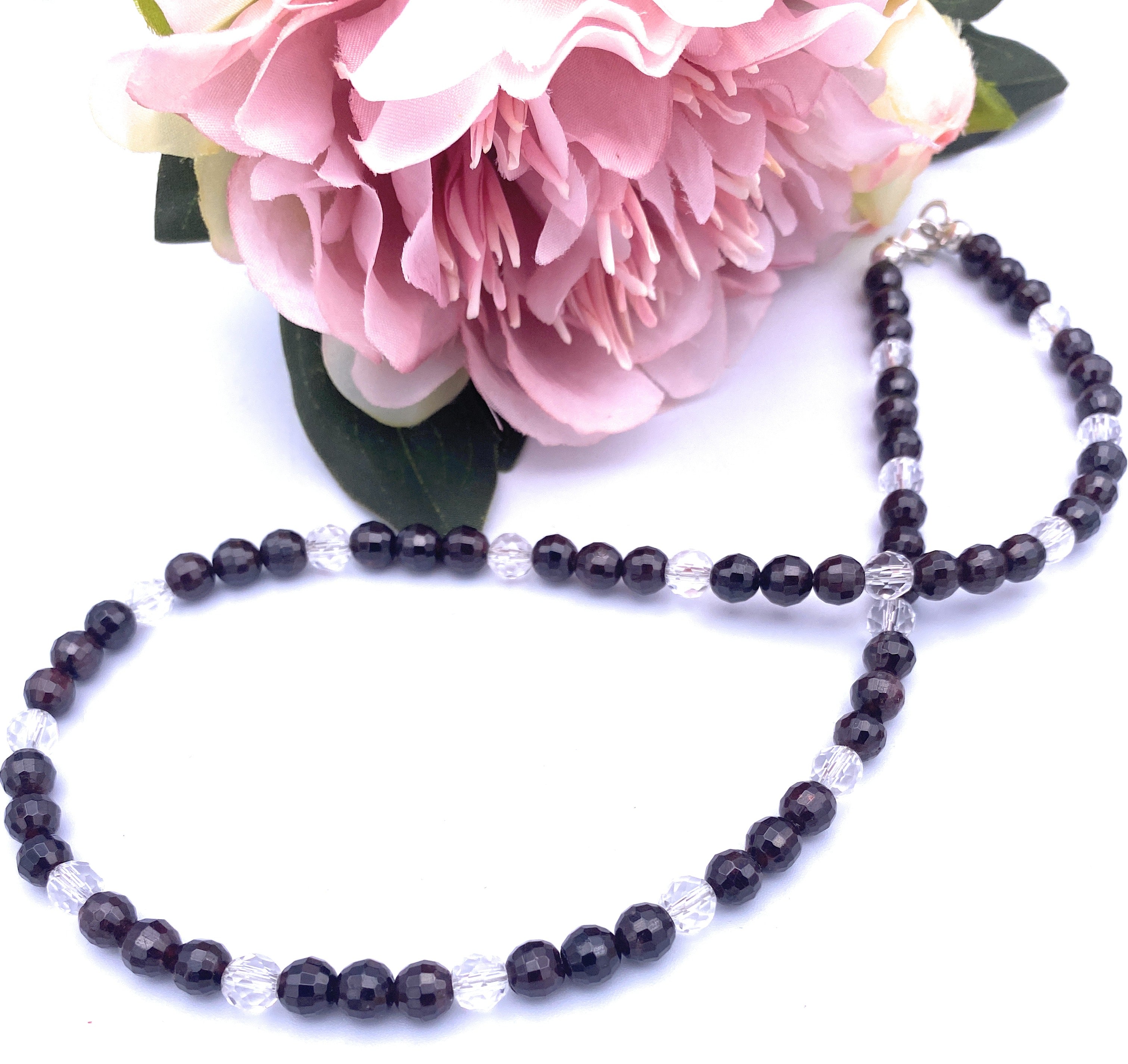 Facettierte Granat Halskette mit Bergkristall 6mm