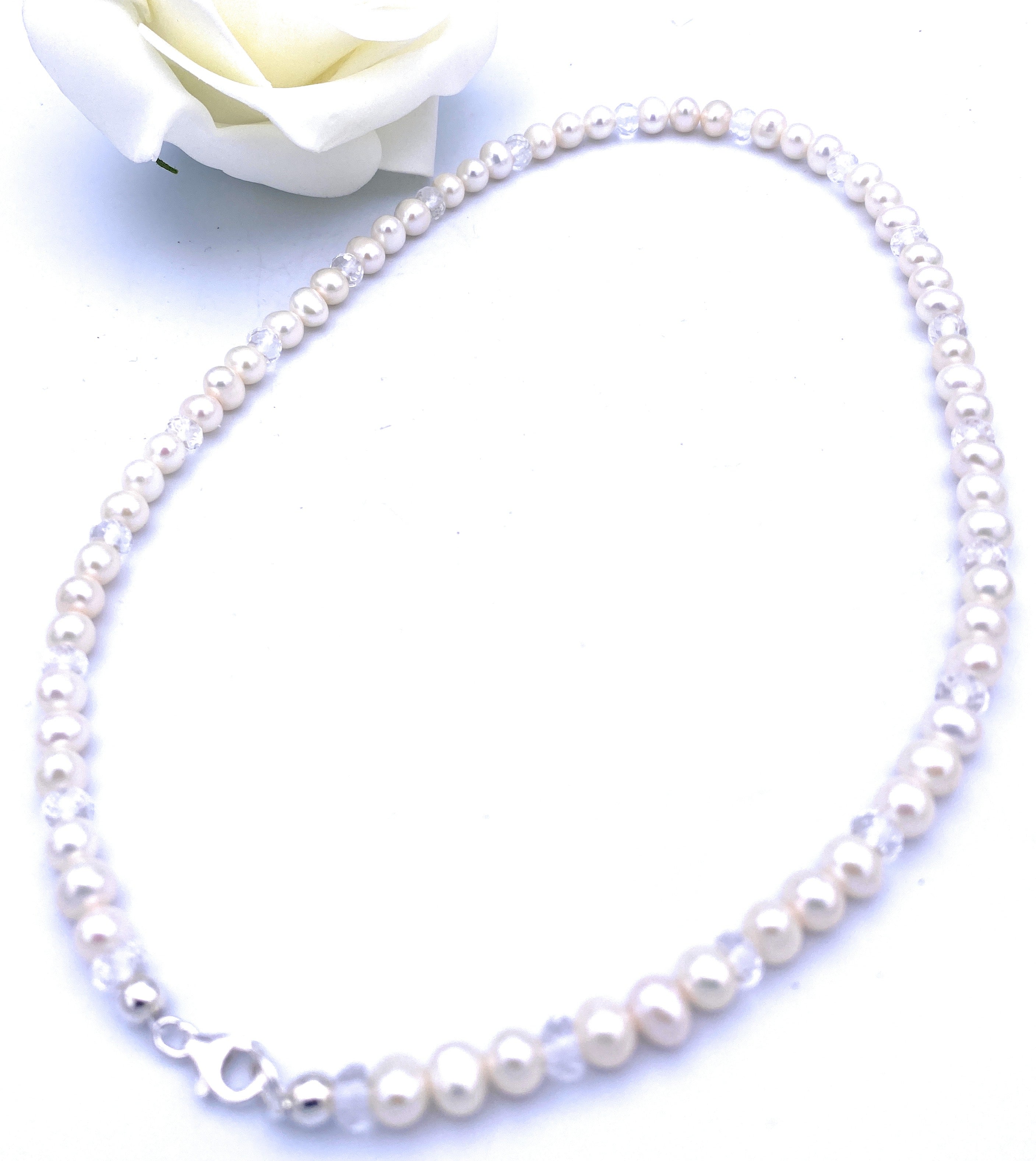 Süßwasserperlen Halskette 6mm mit facettierten Bergkristall Linsen