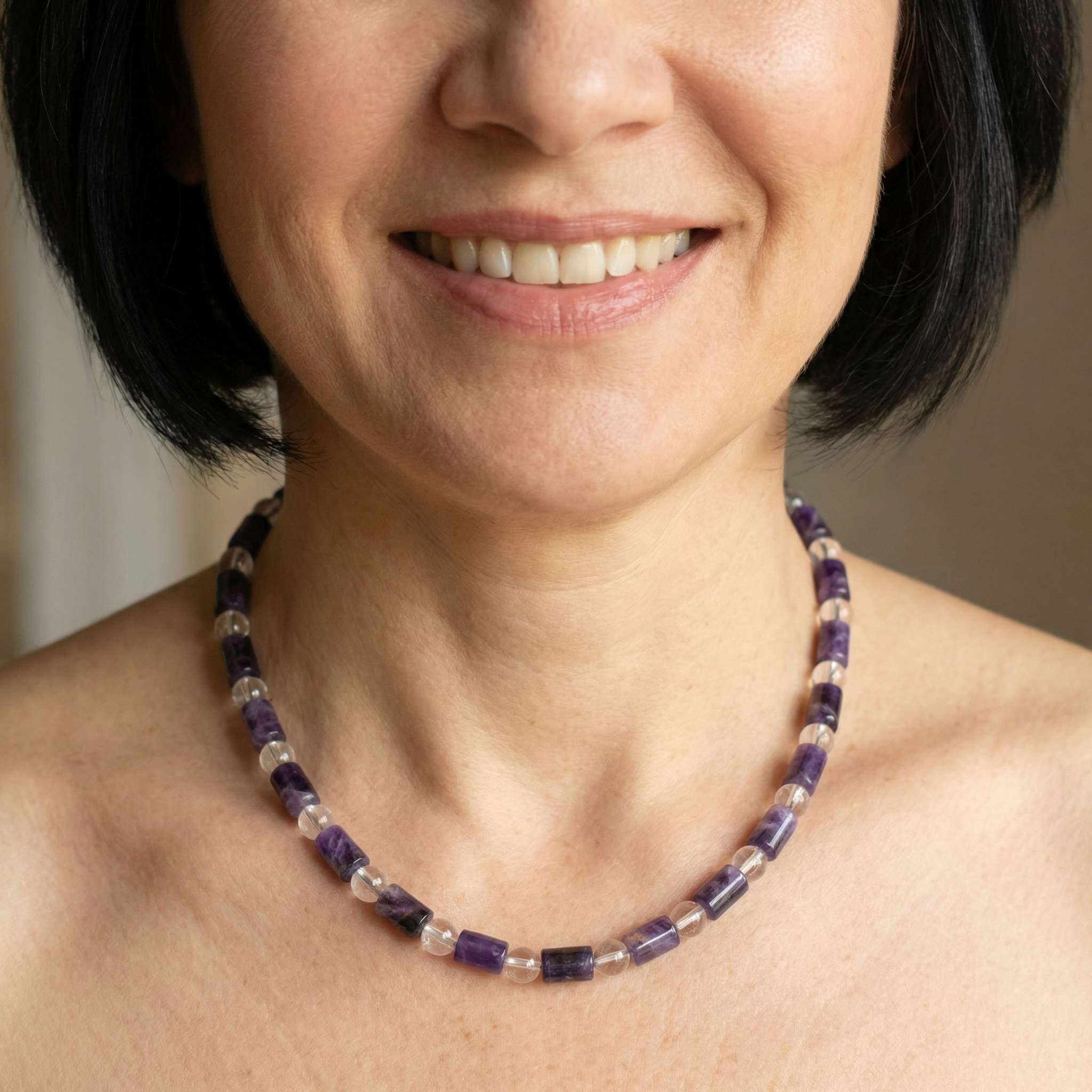 Amethyst Walzenkette 6mm mit Bergkristall