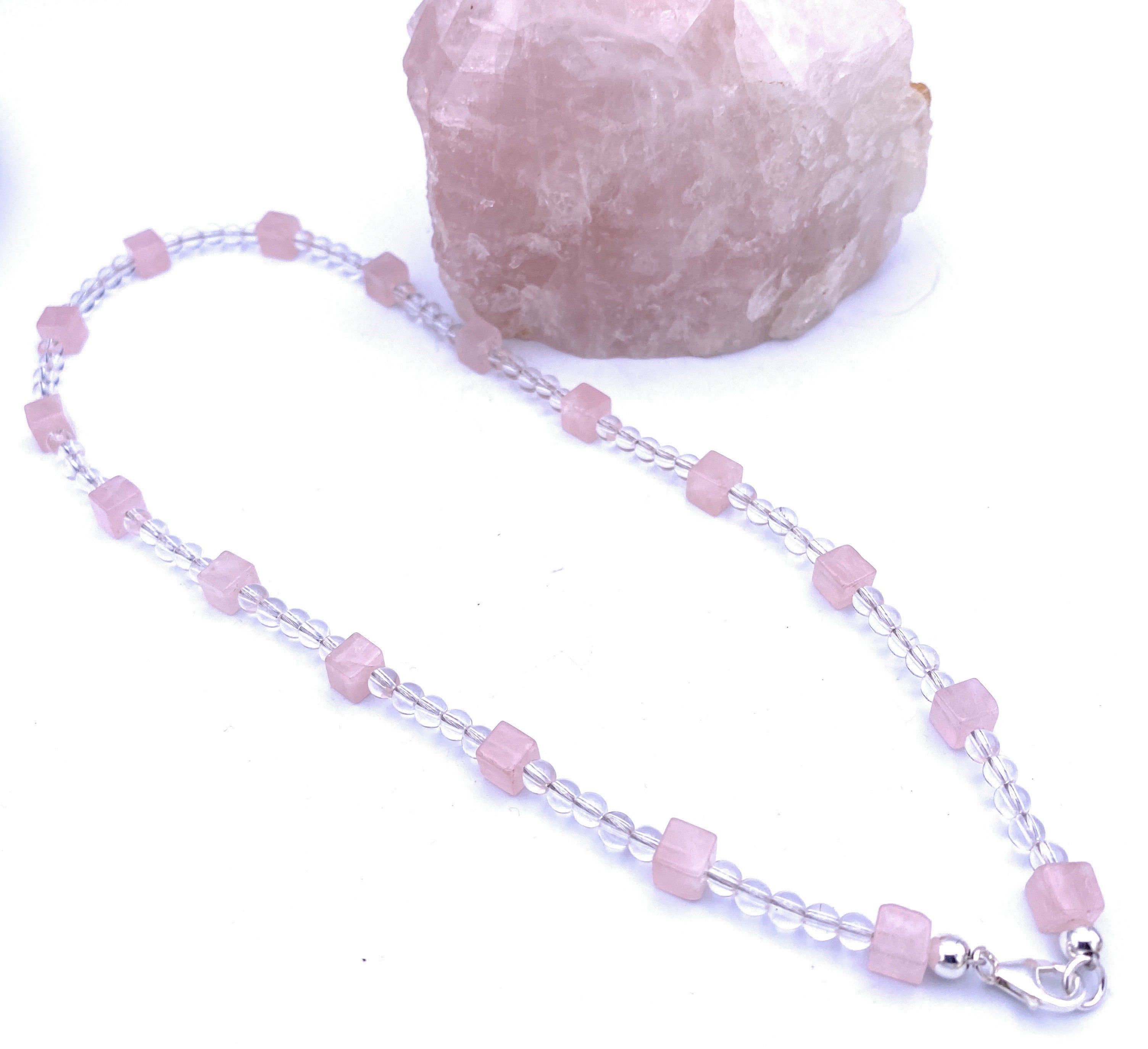 Bergkristall Halskette mit Rosenquarz Würfel