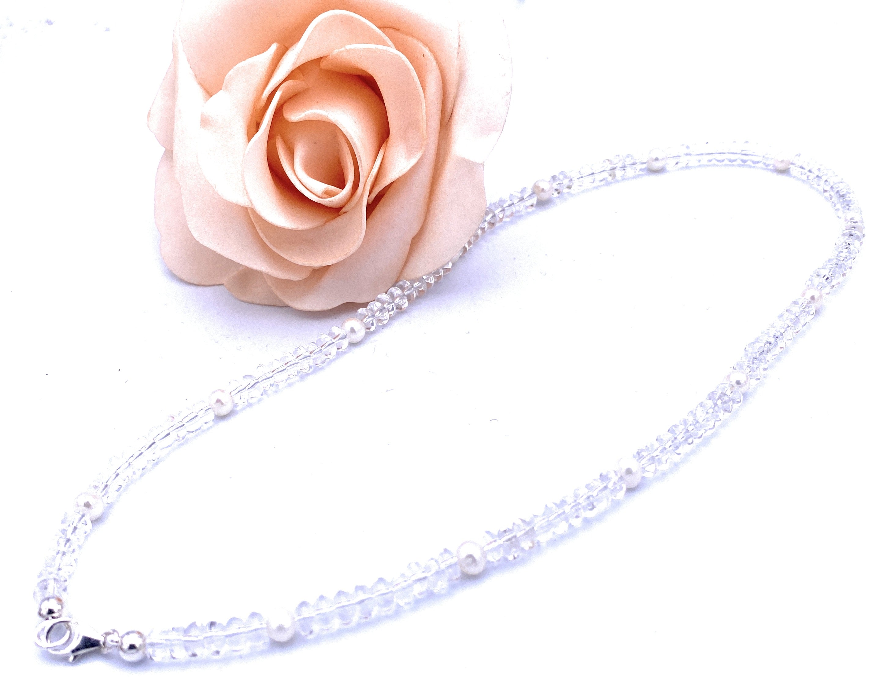 Bergkristall Linsen-Kette mit Süßwasserperlen