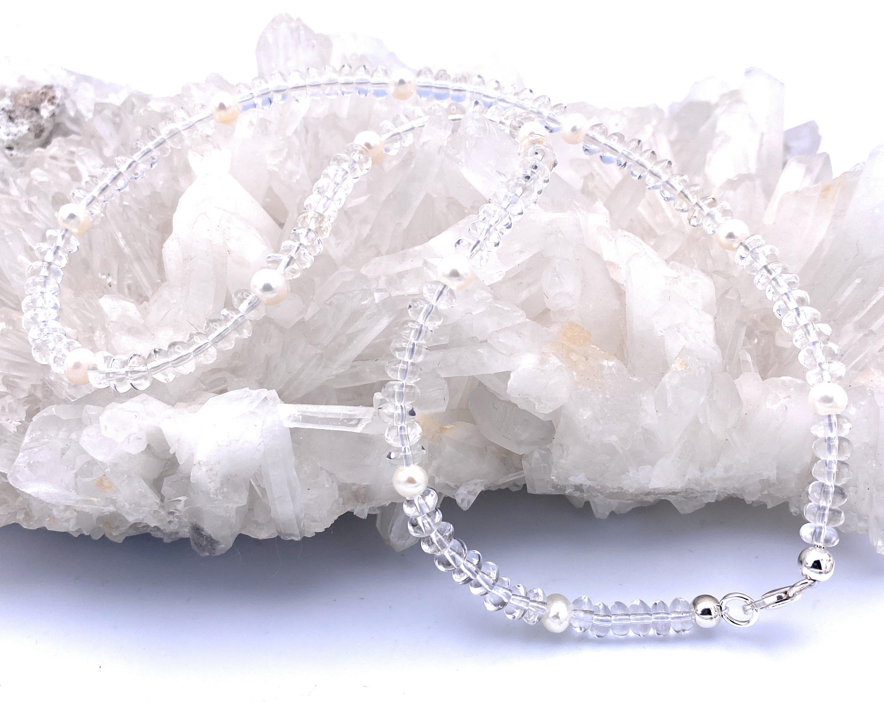 Bergkristall Linsen-Kette mit Süßwasserperlen