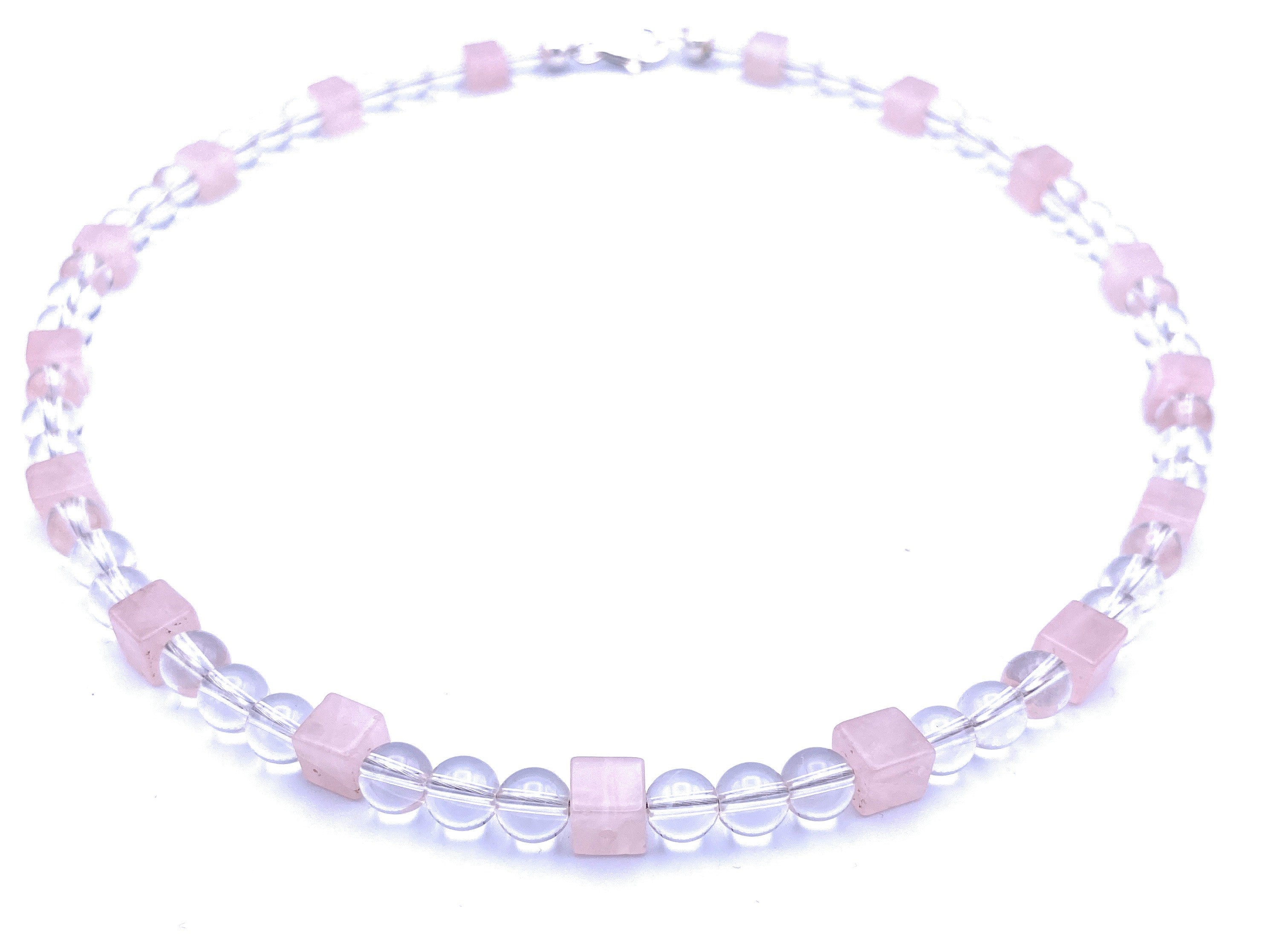 Bergkristall Halskette mit Rosenquarz Würfel 6mm