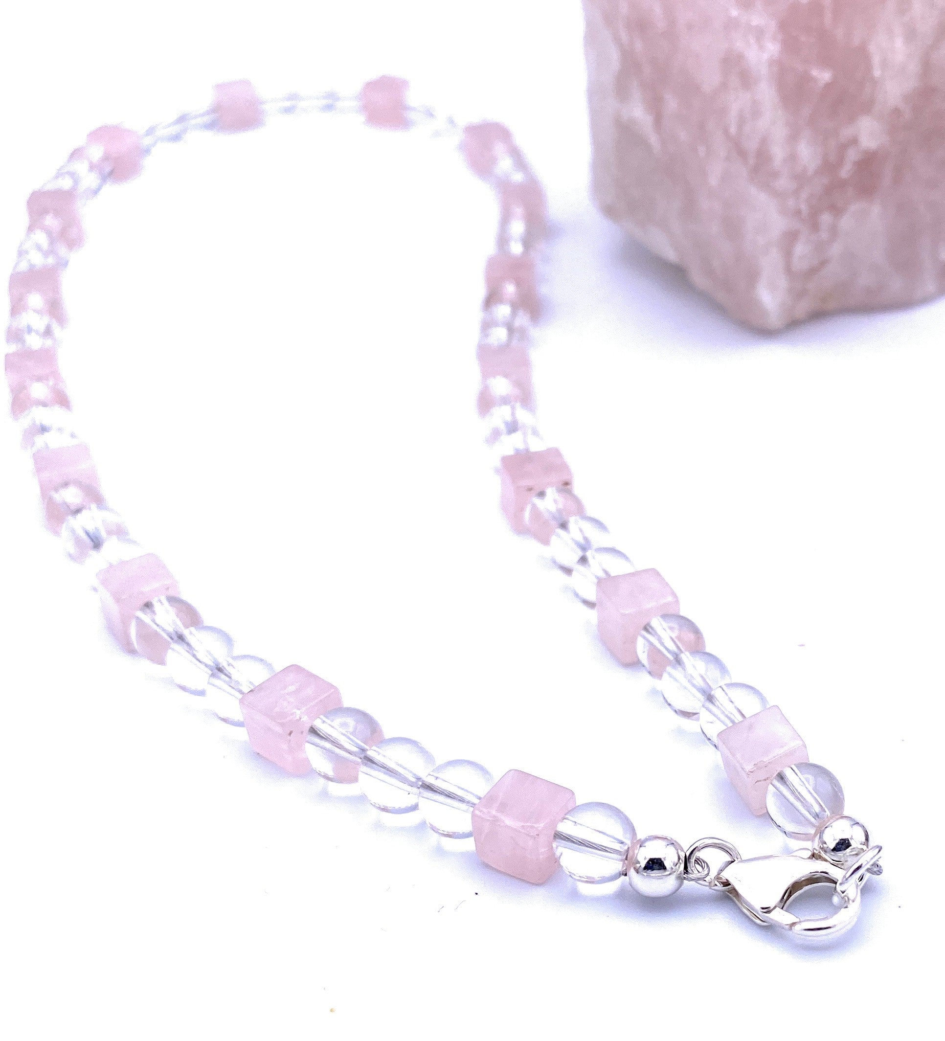 Bergkristall Halskette mit Rosenquarz Würfel 6mm