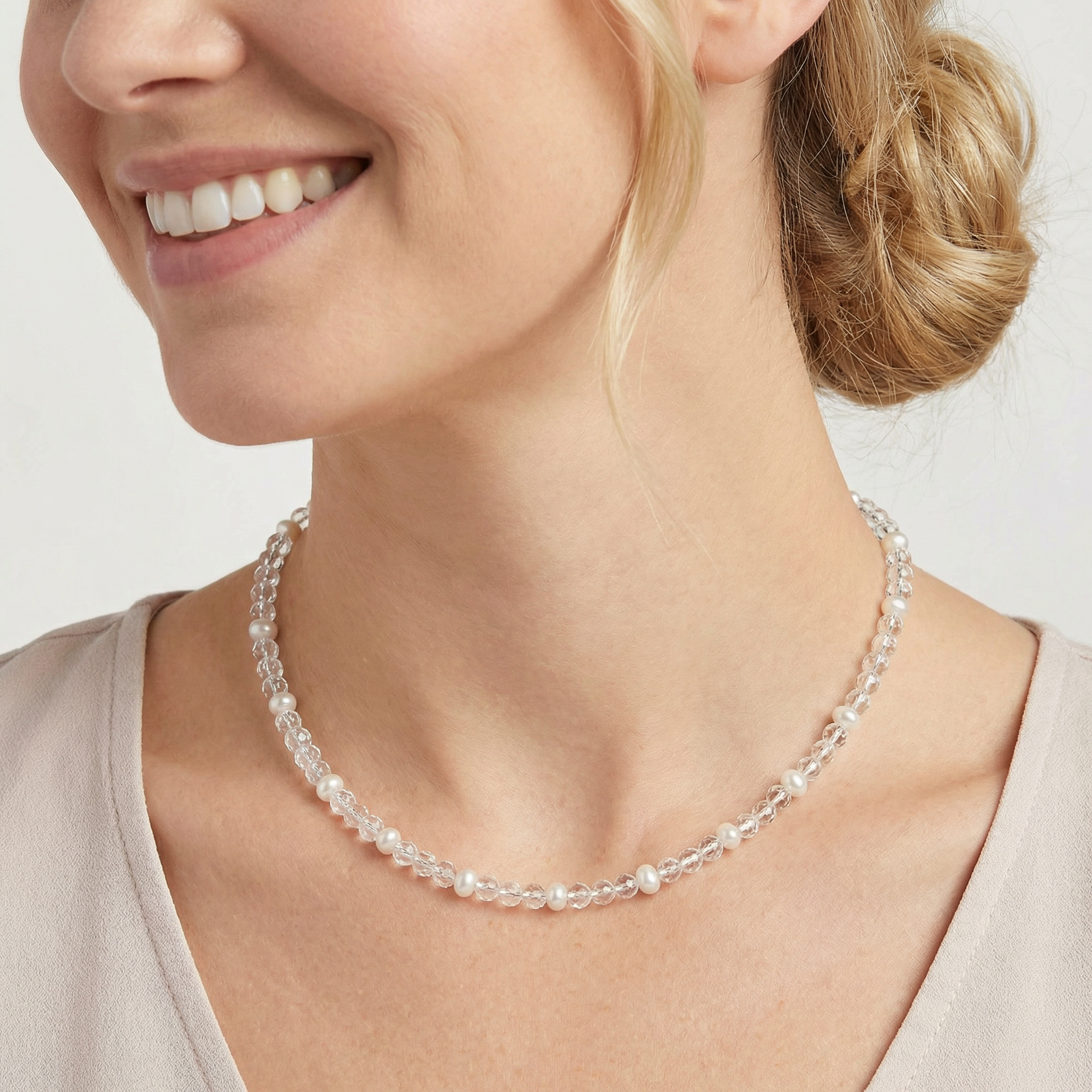 Facettierte Bergkristall Halskette 6mm mit Süßwasserperlen