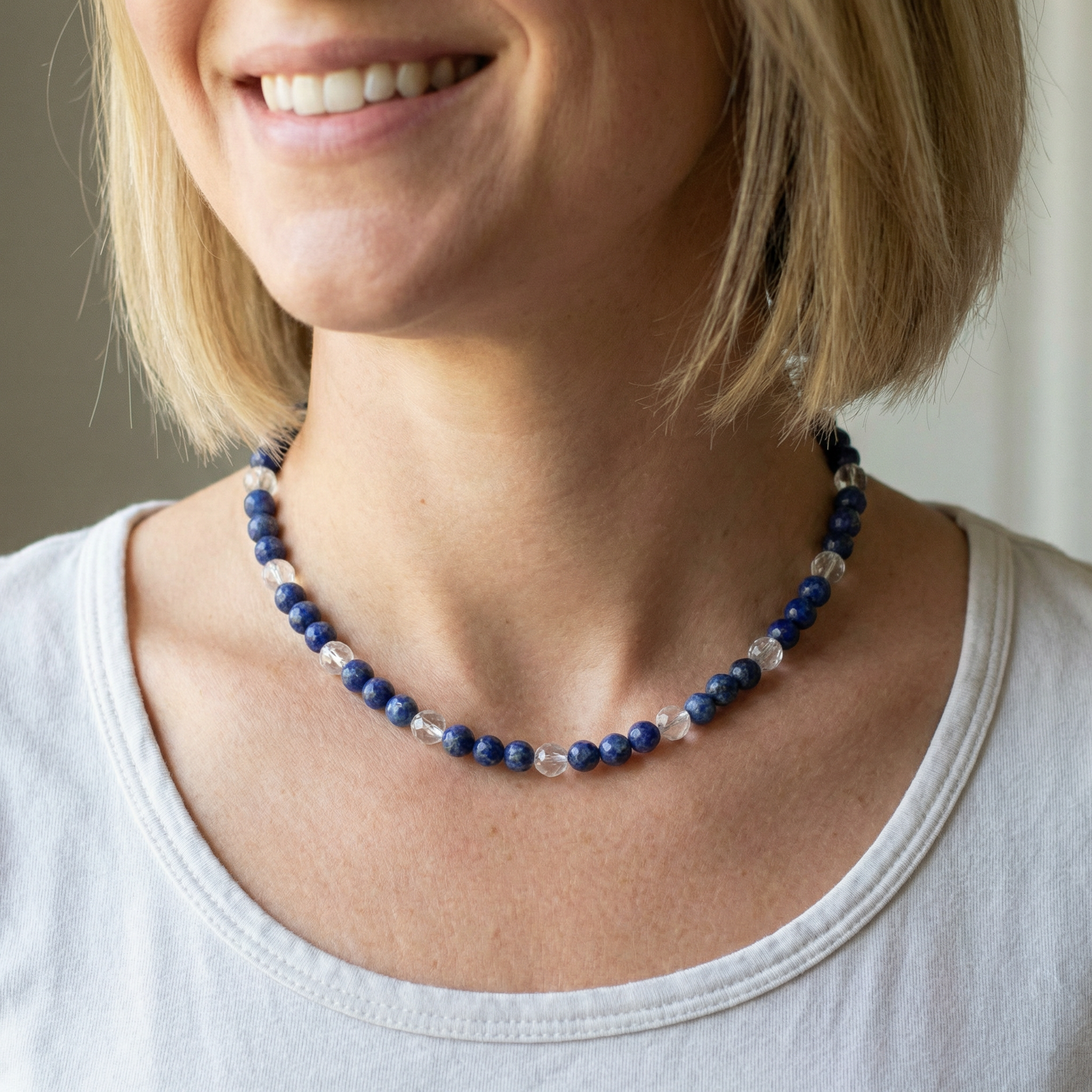 Facettierte Dumortierit Halskette mit Bergkristall 6mm