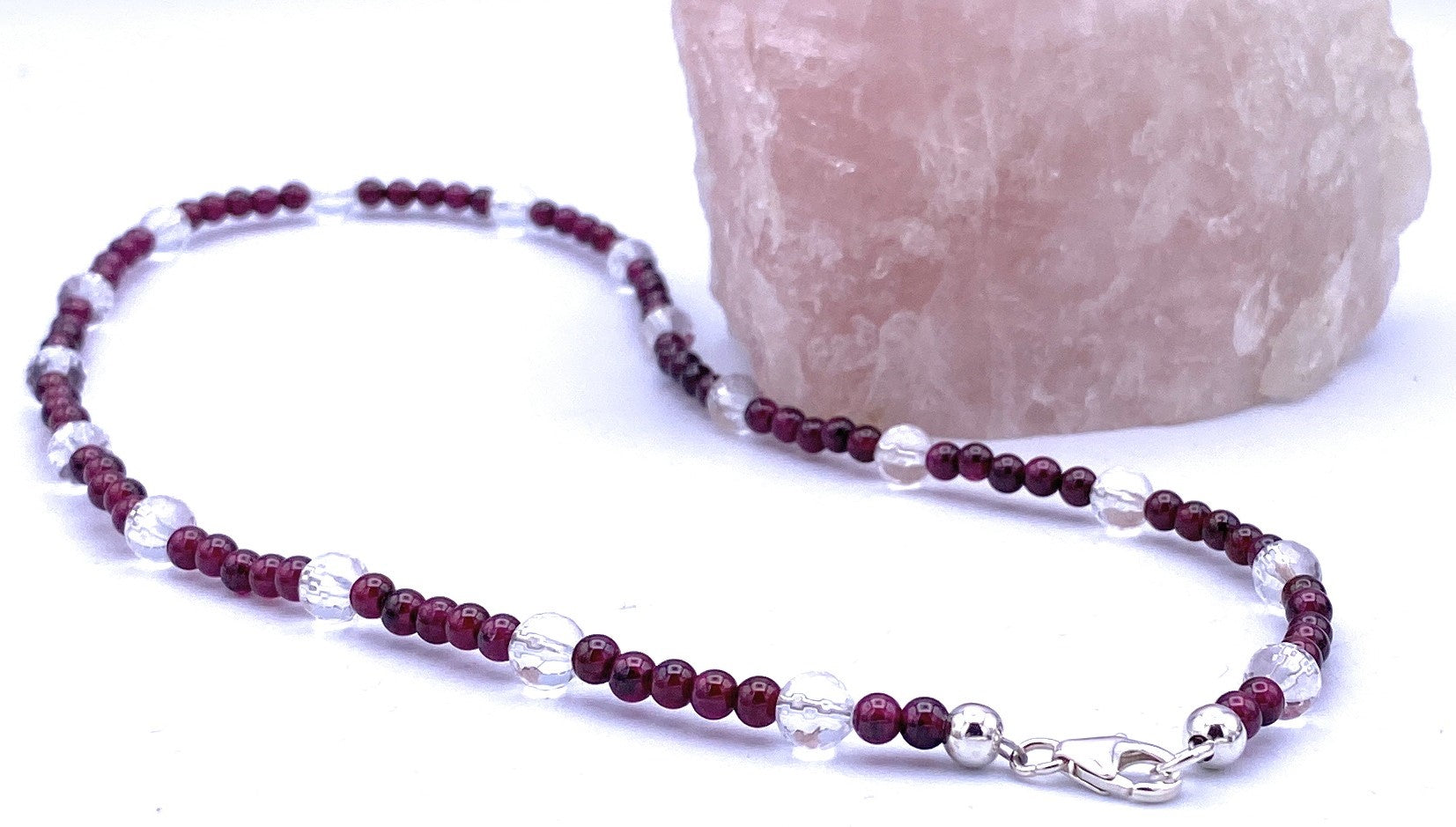 Granat Halskette 4mm mit facettierten Bergkristall Kugeln