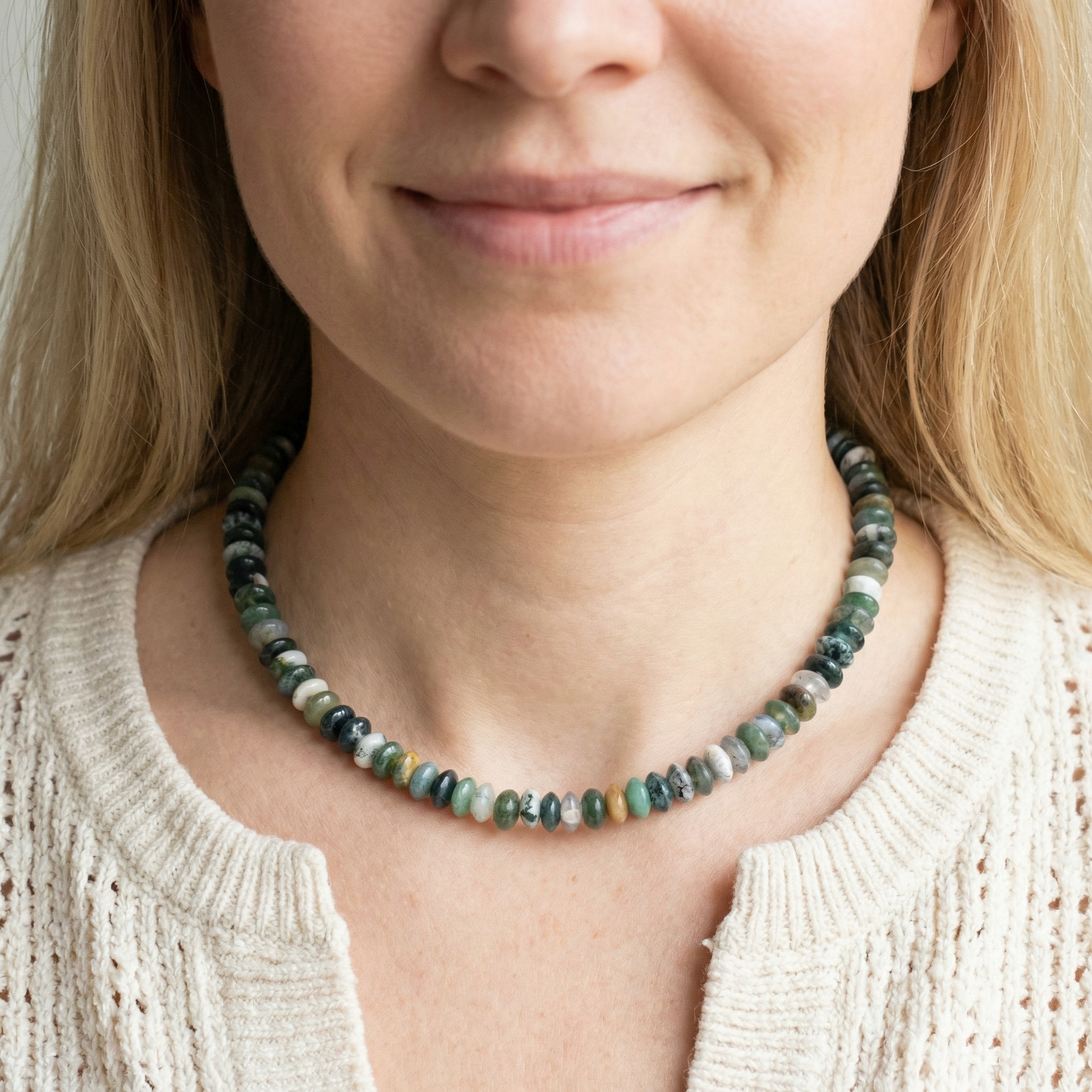 Moos-Achat Linsen Halskette 10mm