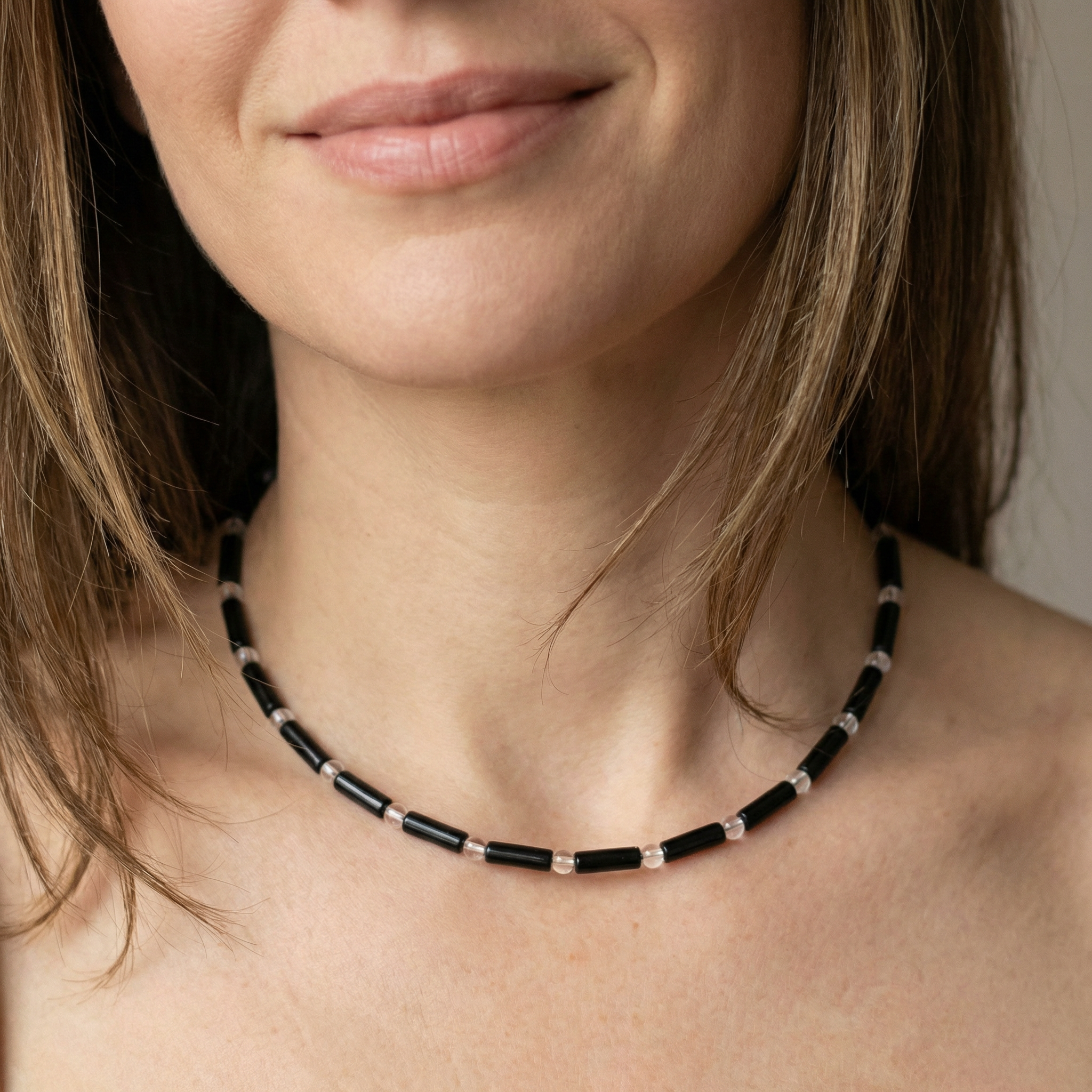 Onyx Walzenkette mit Berkristall-Kugeln