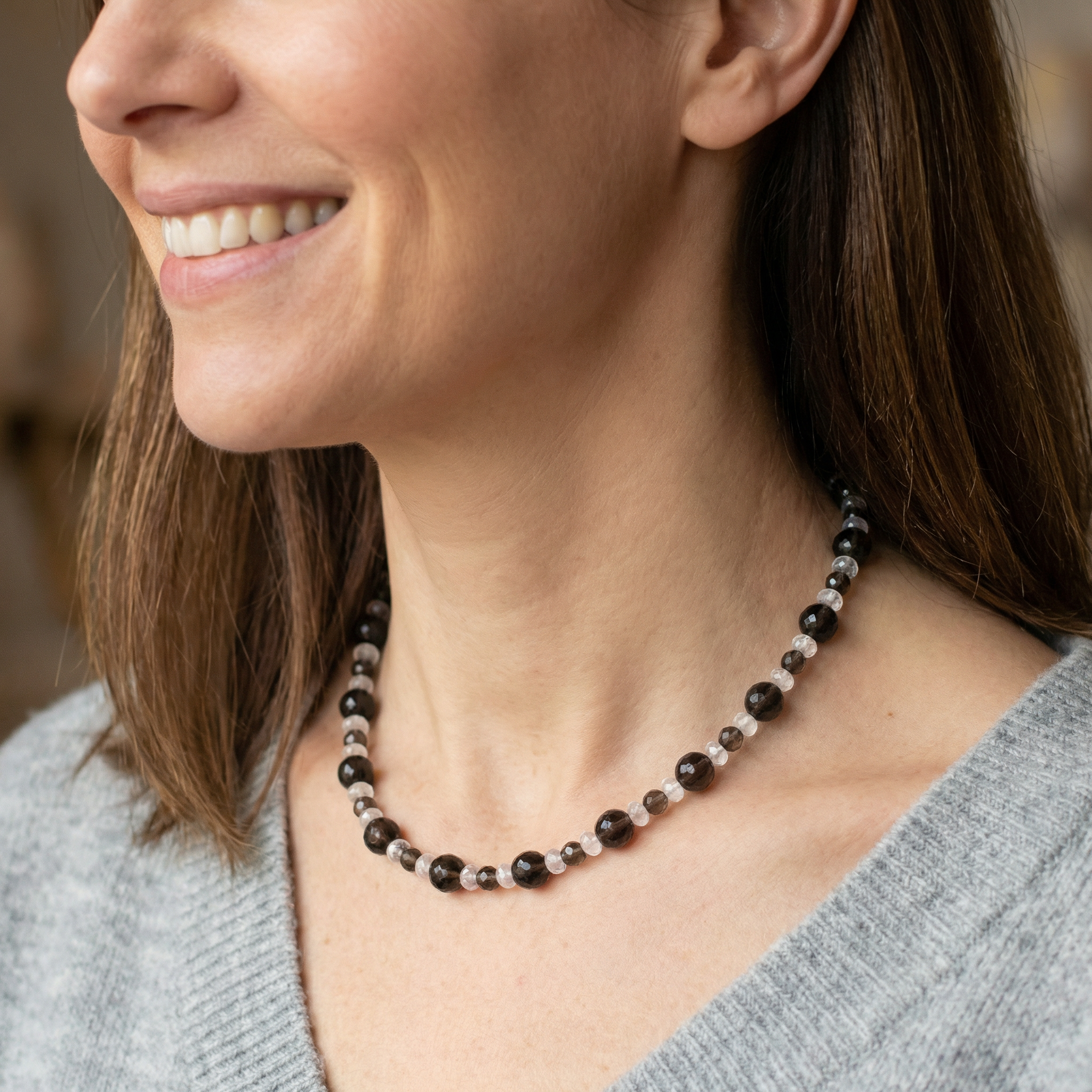 Facettierte Rauchquarz Halskette mit Bergkristall