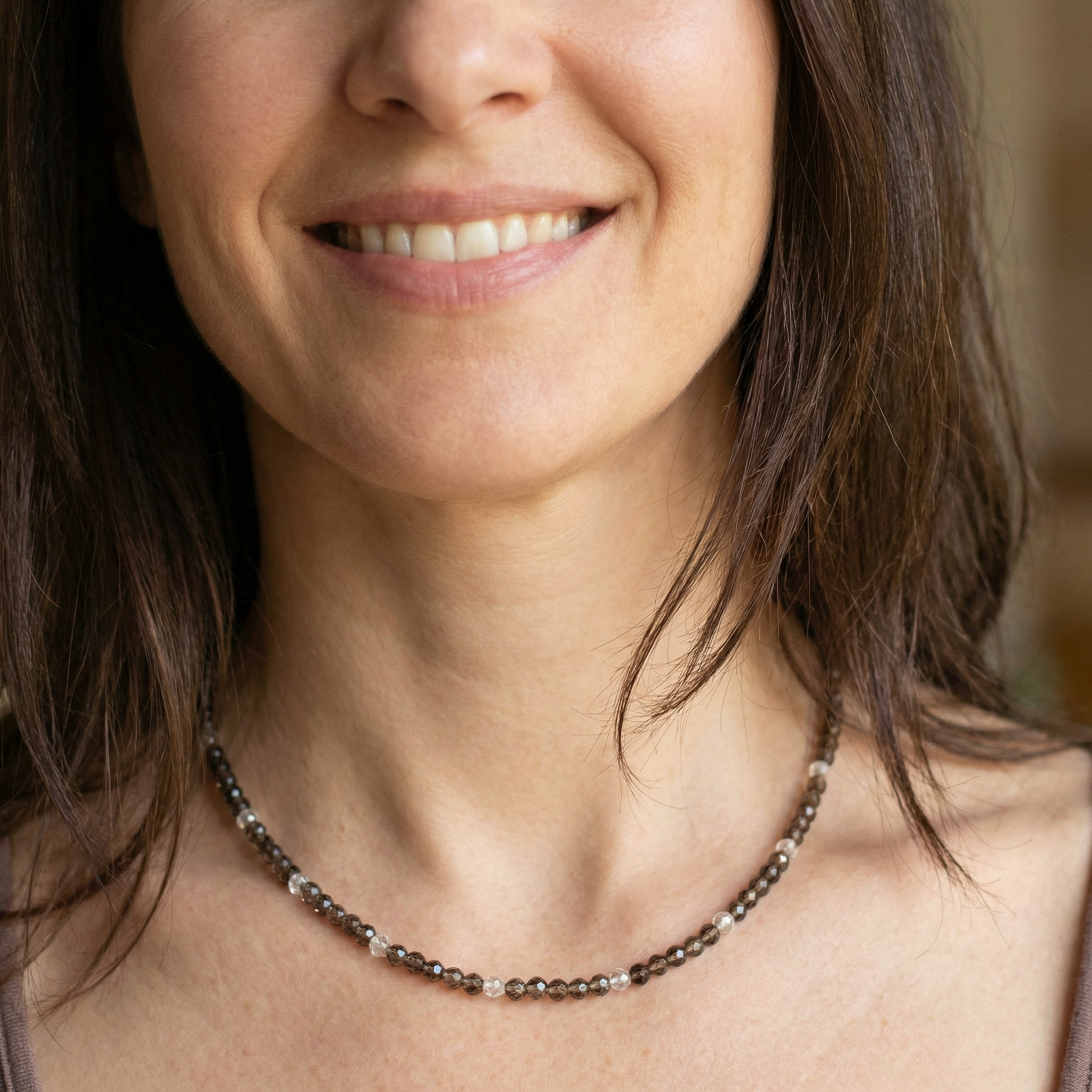 Rauchquarz Halskette mit Bergkristall