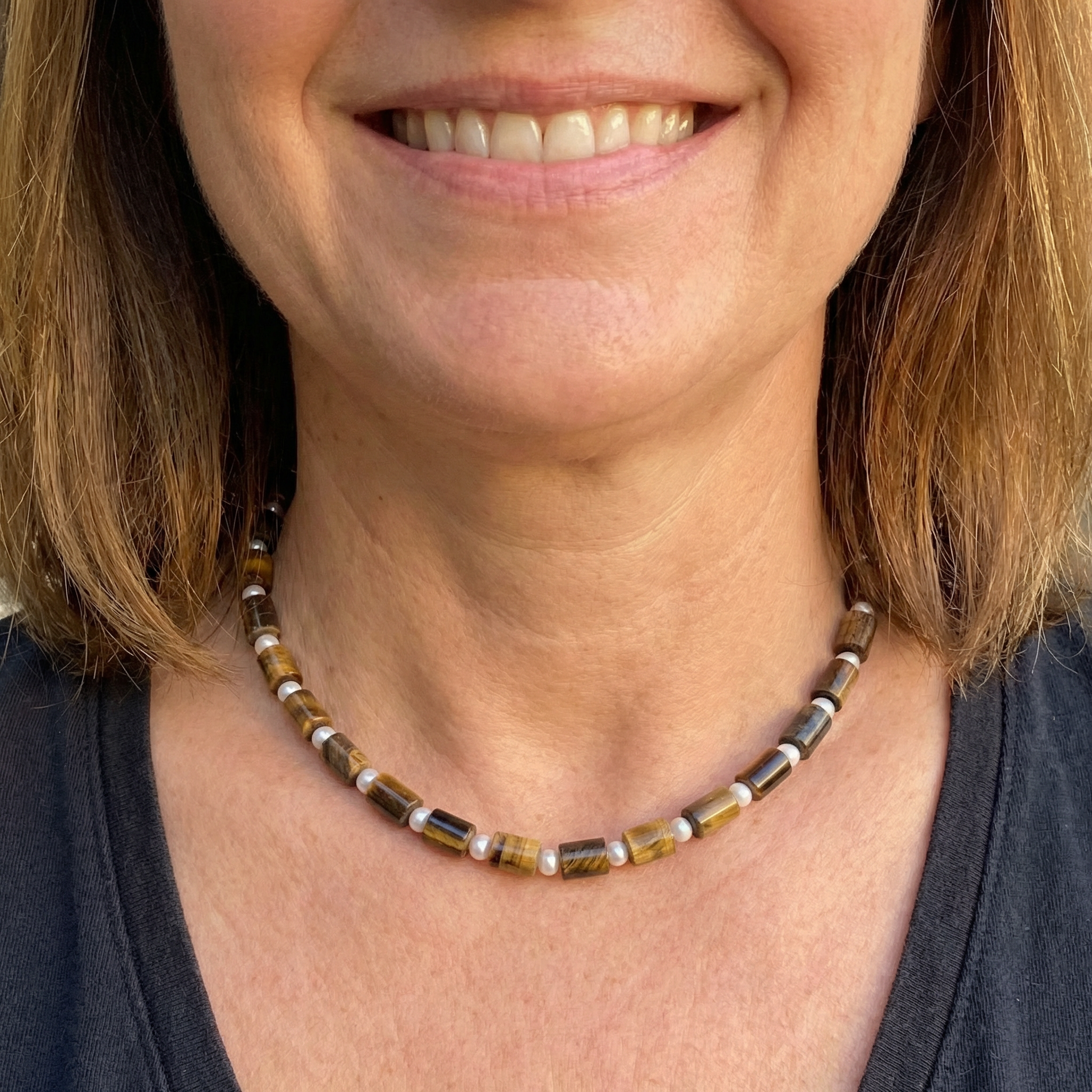 Tigerauge Halskette mit Süßwasserperlen