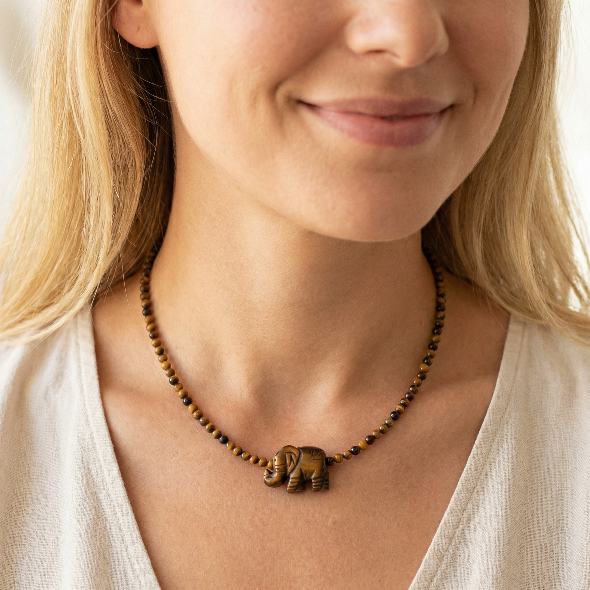 Tigerauge Halskette mit Elefanten