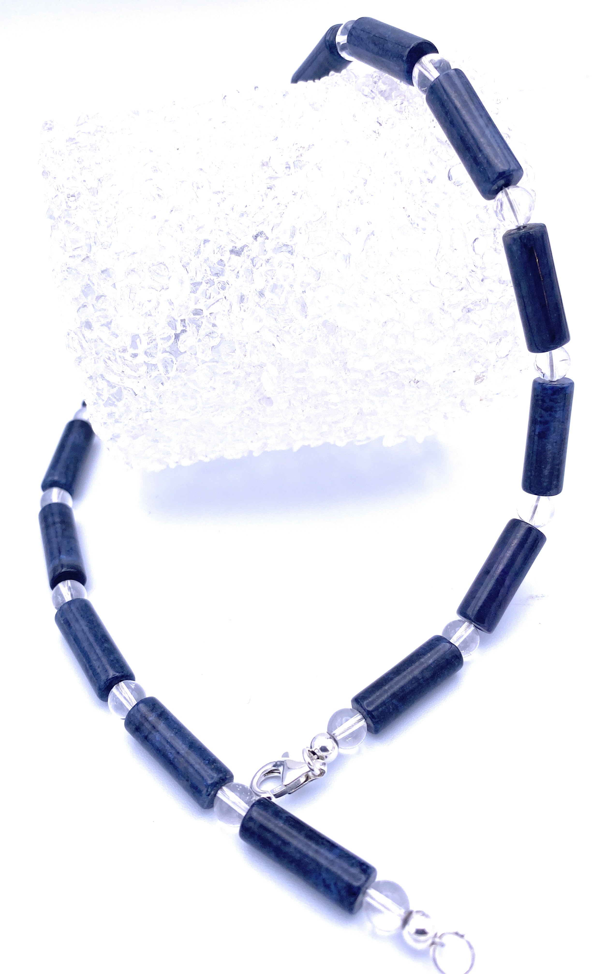 Dumortierit Walzenkette mit Bergkristall 7mm