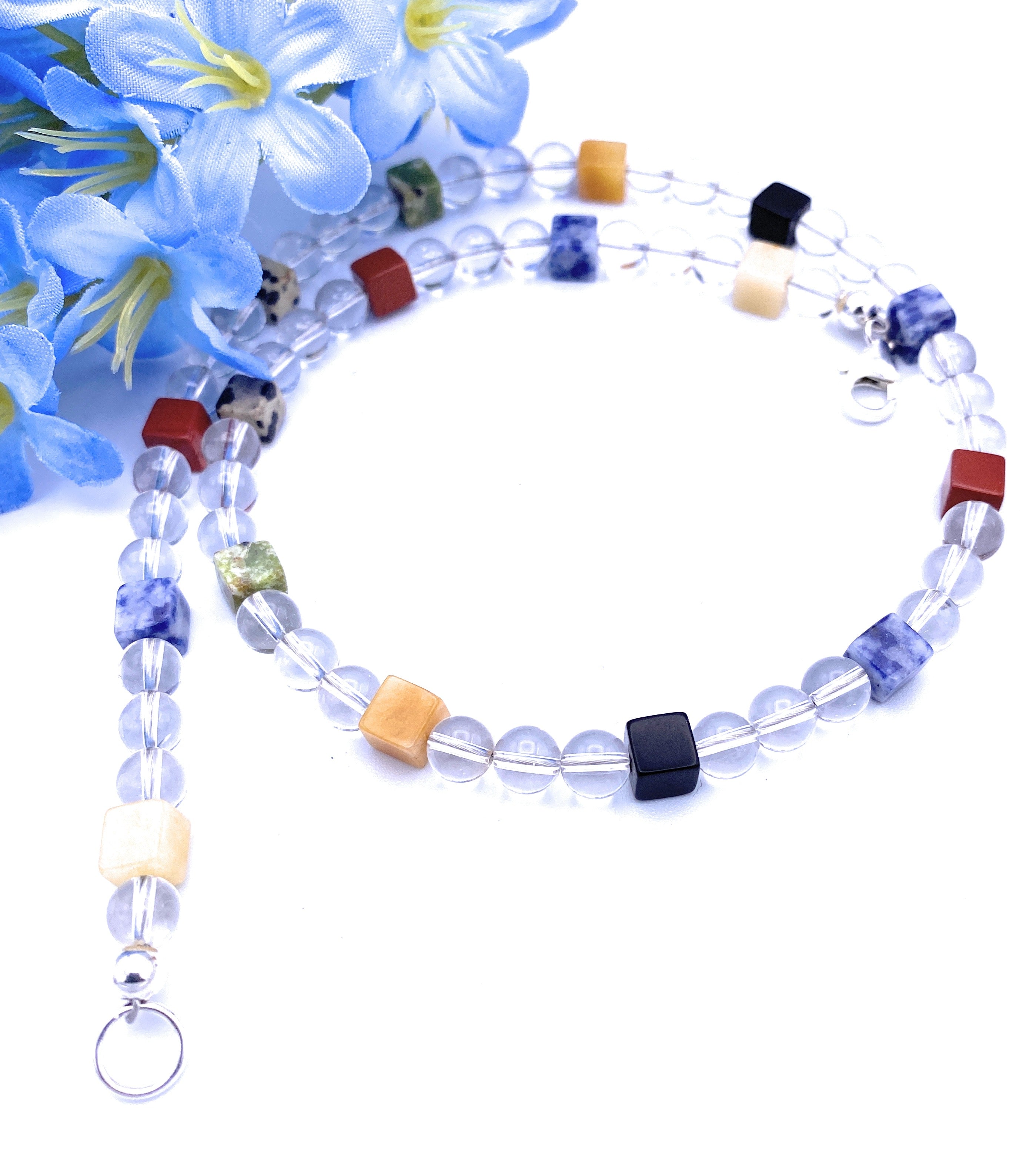 Bergkristall Halskette mit bunten Edelstein Würfeln