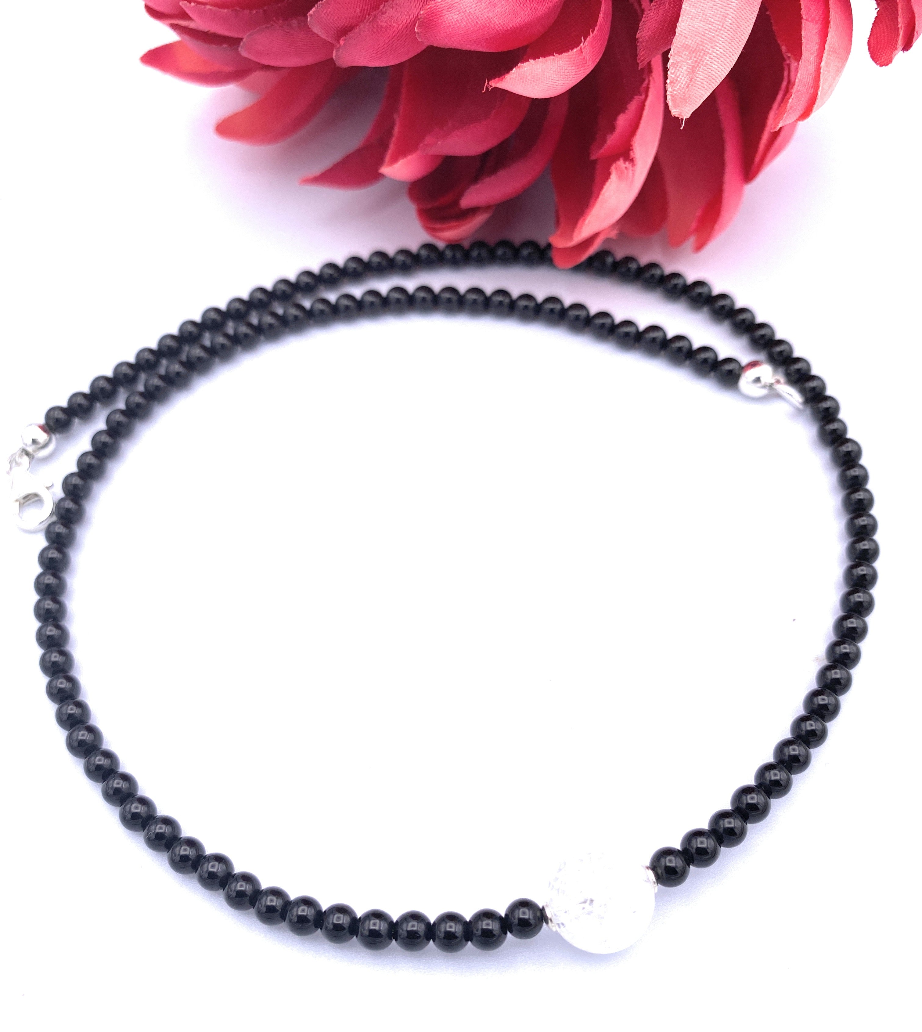 Onyx Kugel Halskette 4mm mit Bergkristall Kugel