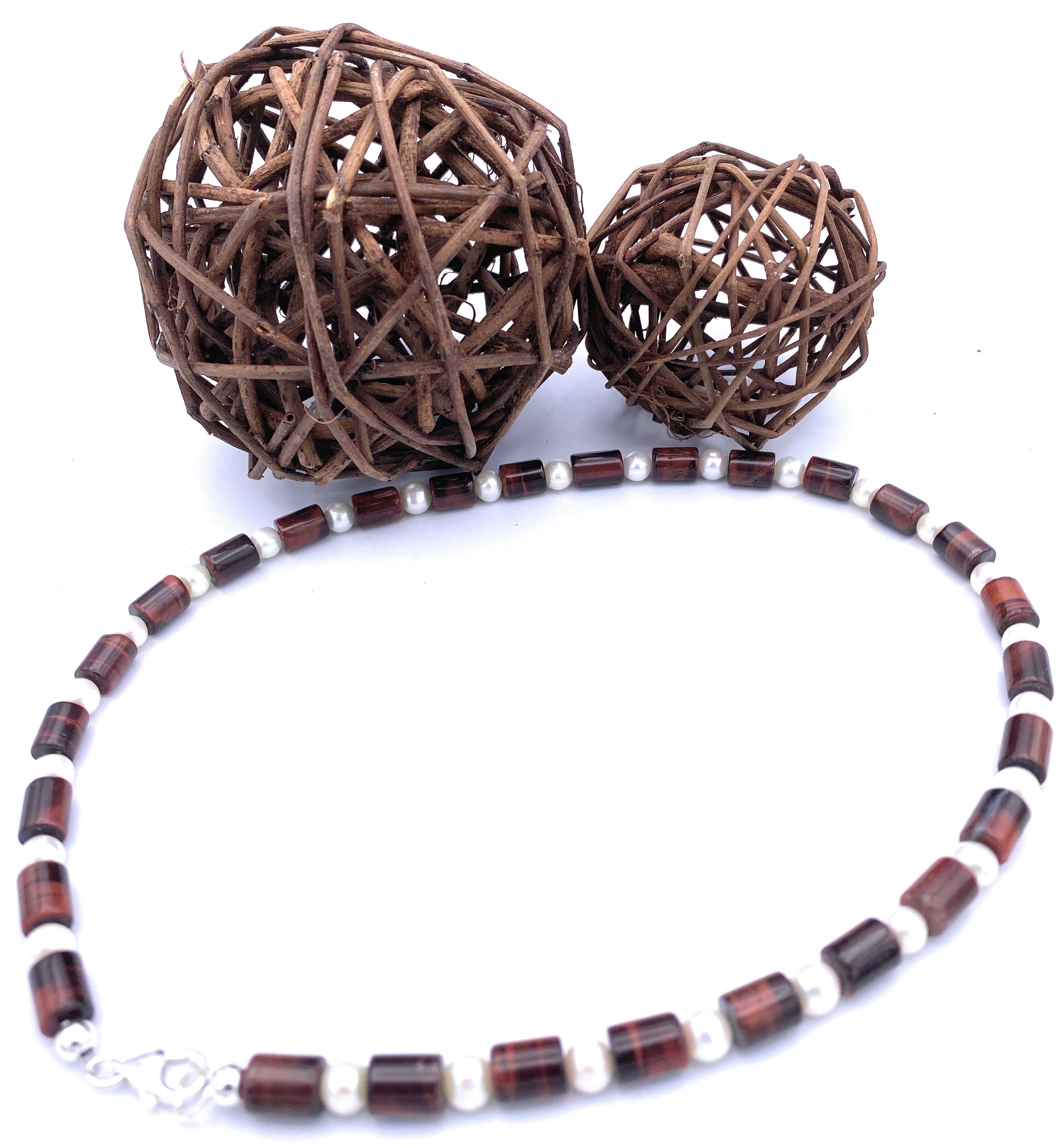 Tigerauge rot Halskette mit Süßwasserperlen