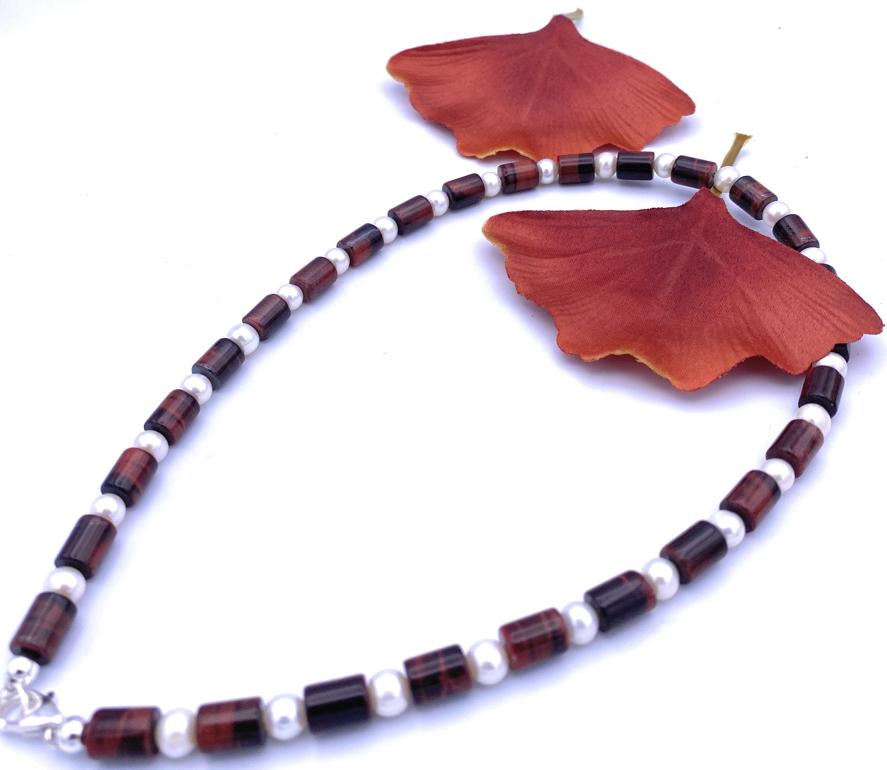 Tigerauge rot Halskette mit Süßwasserperlen