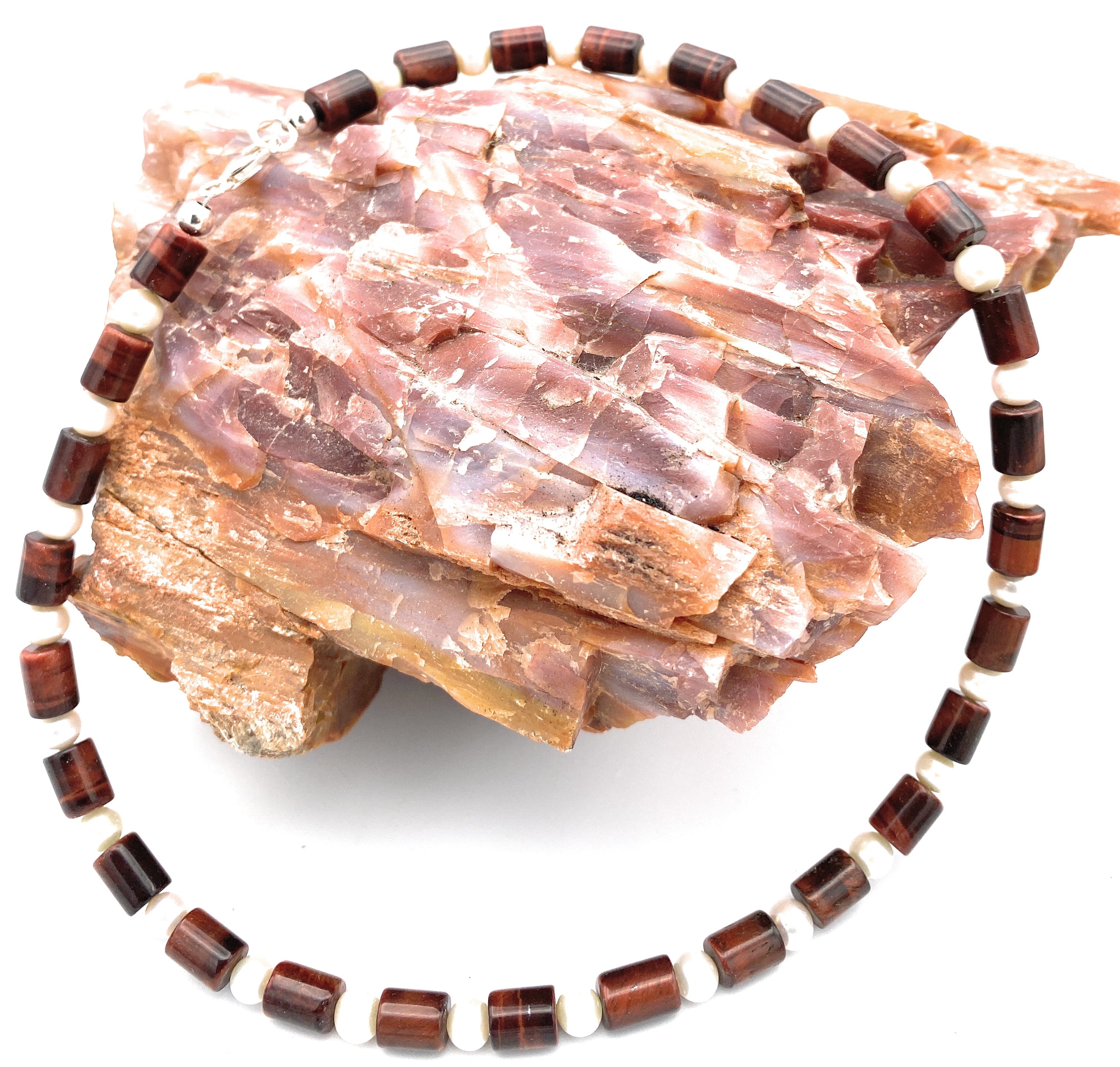 Tigerauge rot Halskette mit Süßwasserperlen