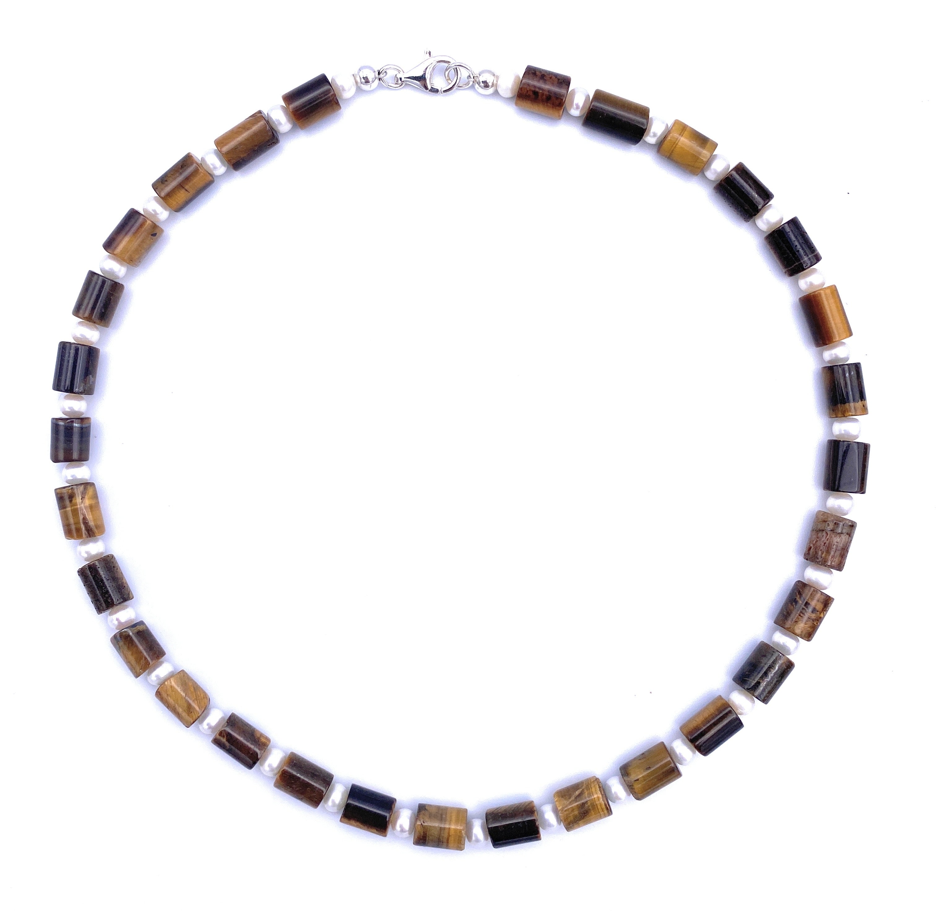 Tigerauge Halskette mit Süßwasserperlen