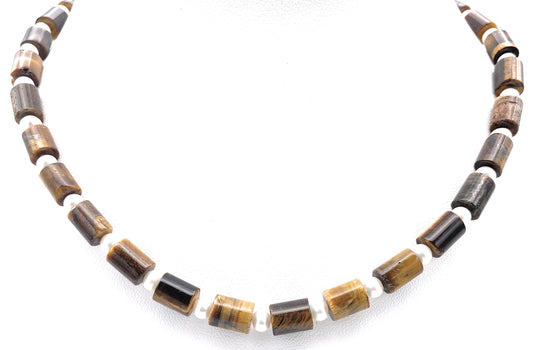 Tigerauge Halskette mit Süßwasserperlen